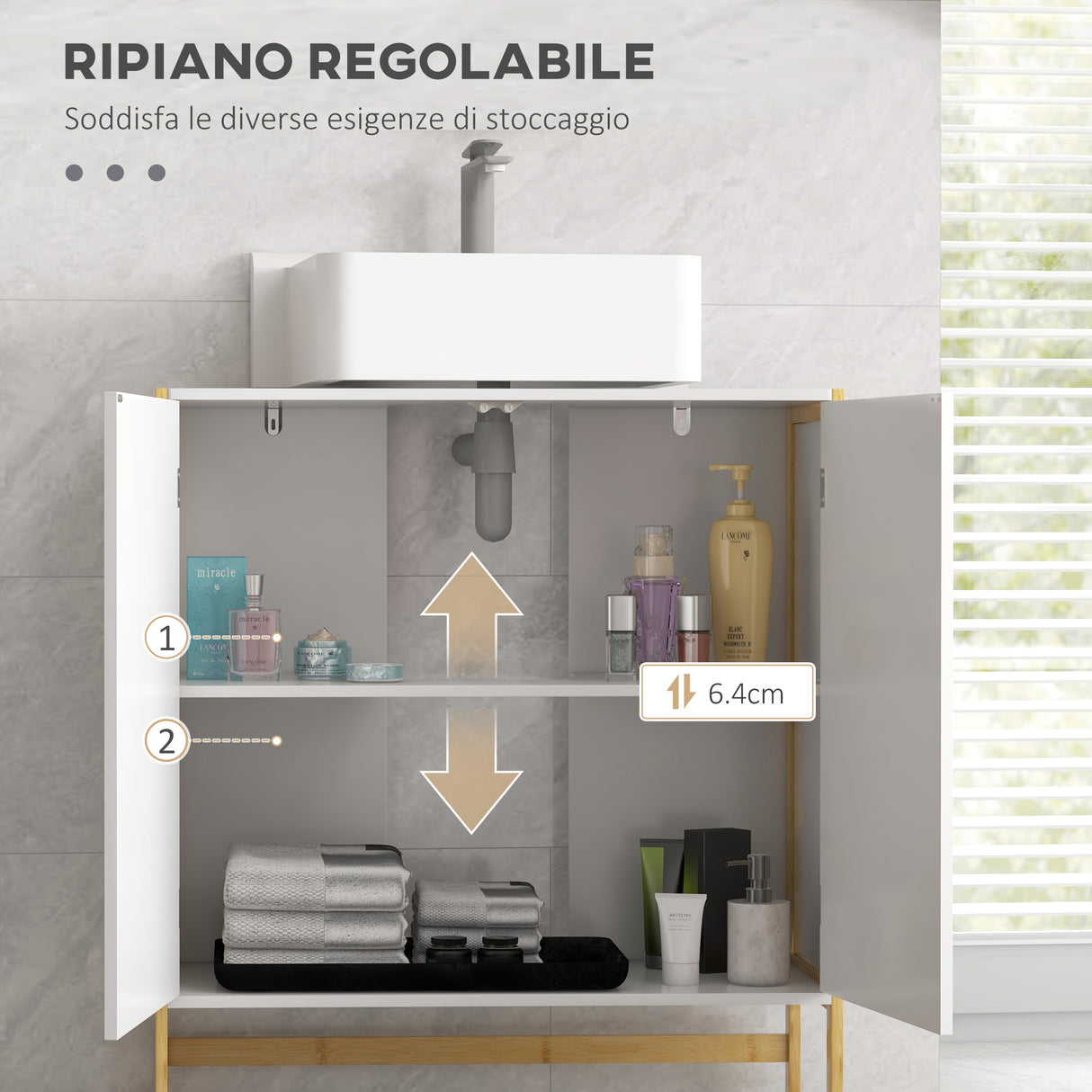 easycomfort easycomfort mobile sottolavabo bagno con 2 ante a pressione in bambu e mdf con intaglio a u 70x33x79 5cm bianco