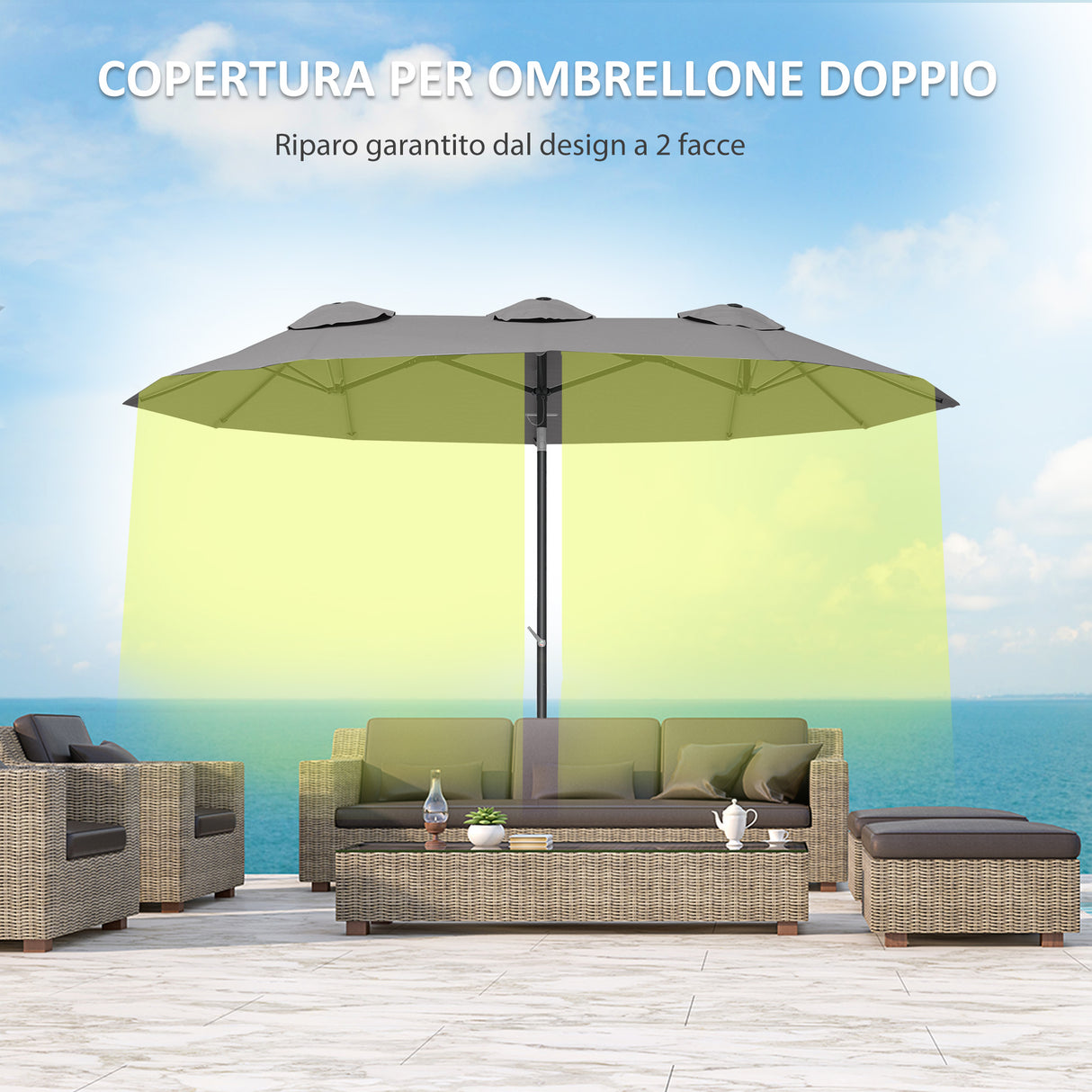 easycomfort easycomfort ombrellone doppio inclinabile a 45 con manovella e prese daria in acciaio e poliestere 285x147x227 cm grigio