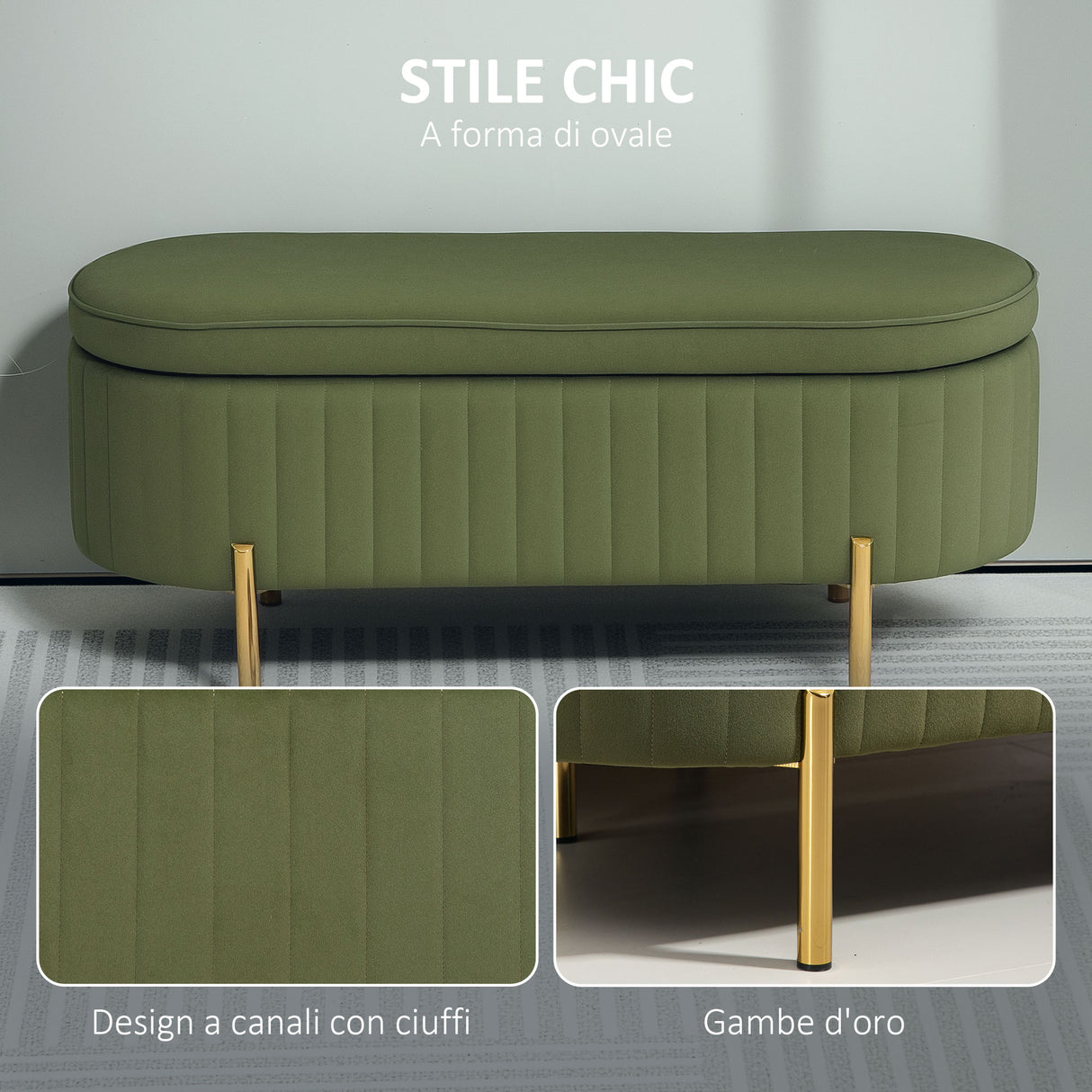 easycomfort easycomfort panca contenitore ovale da 72l con coperchio sollevabile in tessuto effetto velluto e legno 108x44x43 5 cm verde