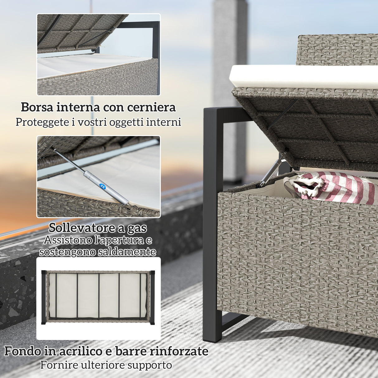 easycomfort easycomfort panchina da giardino 2 posti con cassapanca da 151 5l in rattan con schienale braccioli e cuscino crema