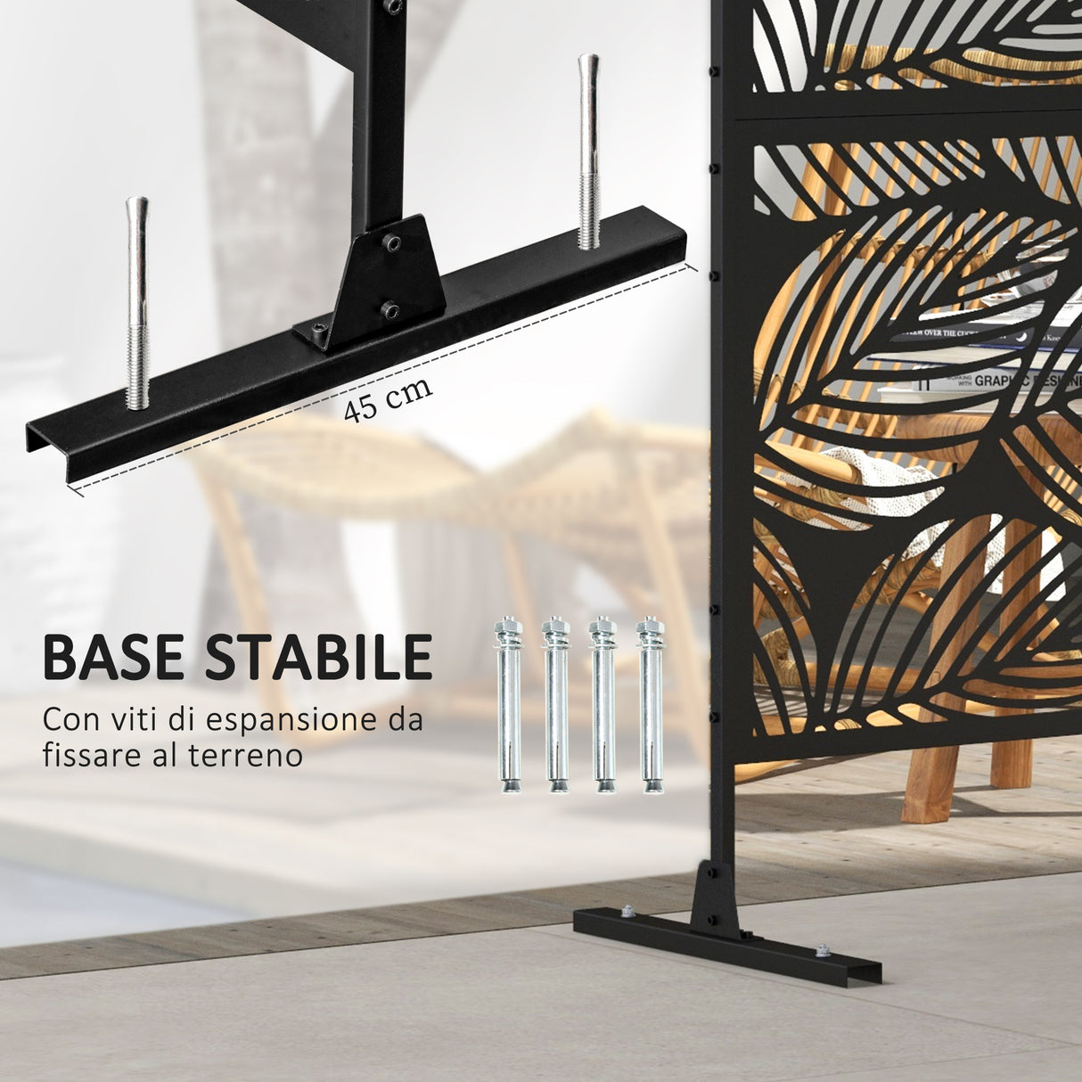 easycomfort easycomfort paravento da esterno decorativo in acciaio traforato con design a foglie 122x198cm nero