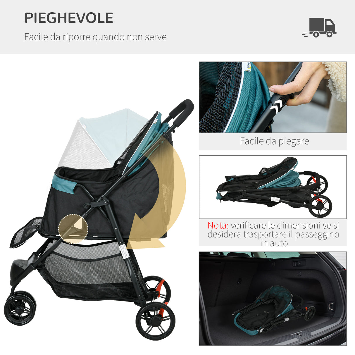 easycomfort easycomfort passeggino per cani piccoli pieghevole a 3 ruote con copertura antipioggia e cestino verde scuro