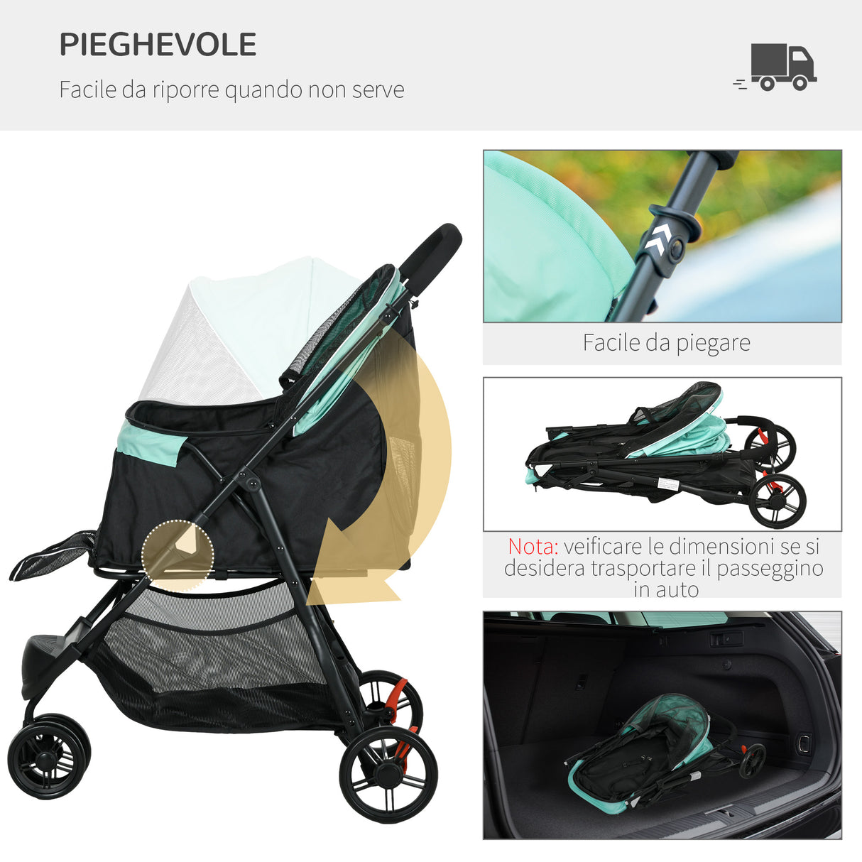easycomfort easycomfort passeggino per cani piccoli pieghevole a 3 ruote con copertura antipioggia e cestino verde