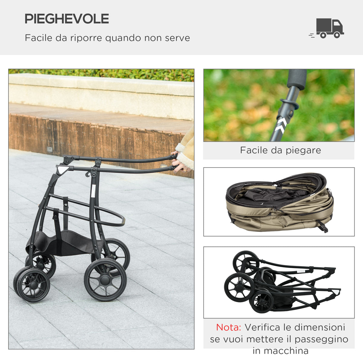 easycomfort easycomfort passeggino per cani taglia piccola con tettuccio regolabile e 2 guinzagli 81x68x98 5 cm nero e khaki
