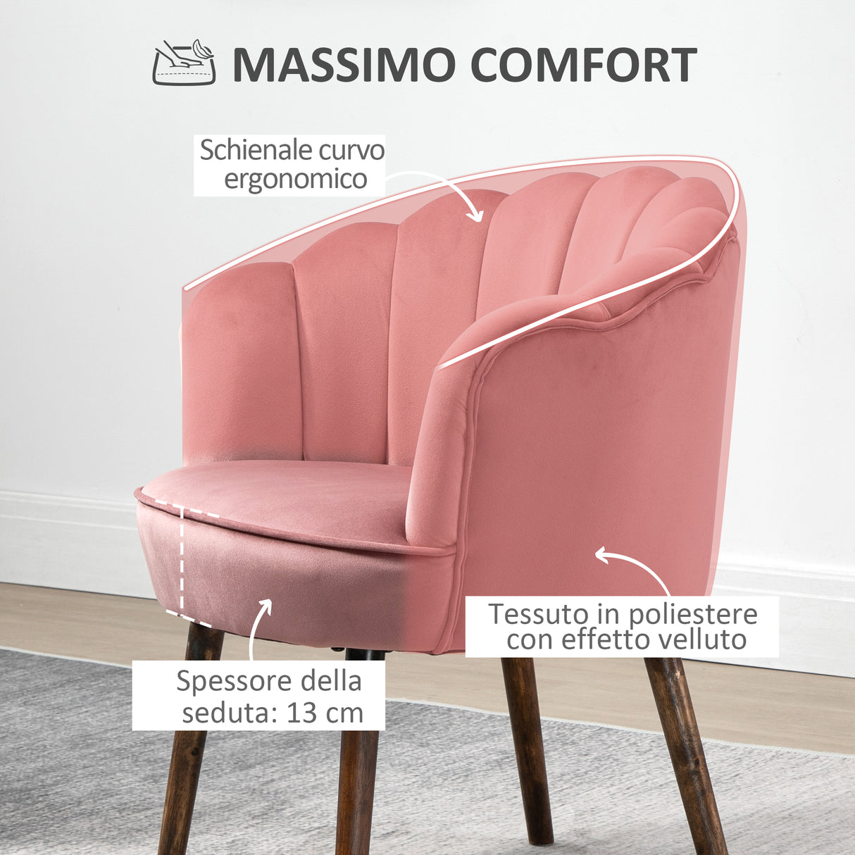easycomfort easycomfort poltrona imbottita con schienale a conchiglia e gambe in legno poltrona in velluto per salotto e camera 66x66x78 5cm rosa