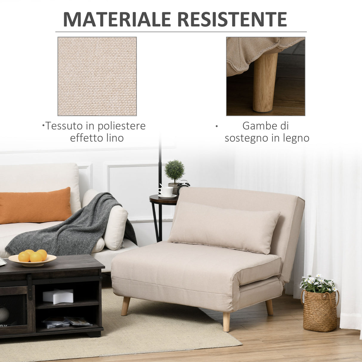 easycomfort easycomfort poltrona letto 3 in 1 con schienale reclinabile in 6 posizioni 94x78x80 cm beige