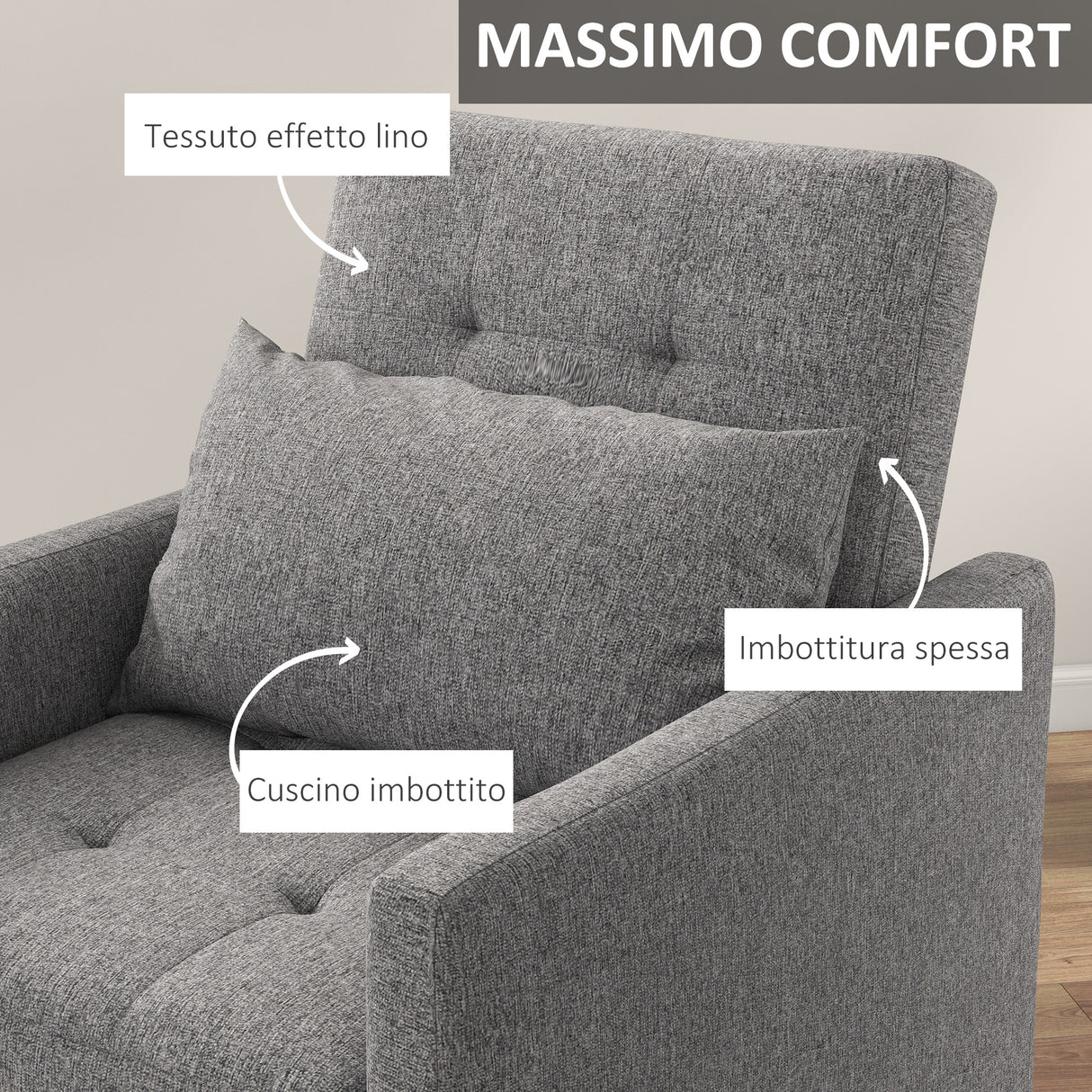 easycomfort easycomfort poltrona letto singolo a 4 ruote con schienale reclinabile e cuscino in tessuto e legno 69x82 5x84 cm grigio