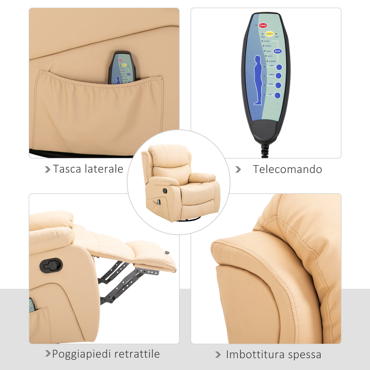 easycomfort easycomfort poltrona relax reclinabile beige con 8 punti massaggianti riscaldanti e poggiapiedi 97x92x104 cm