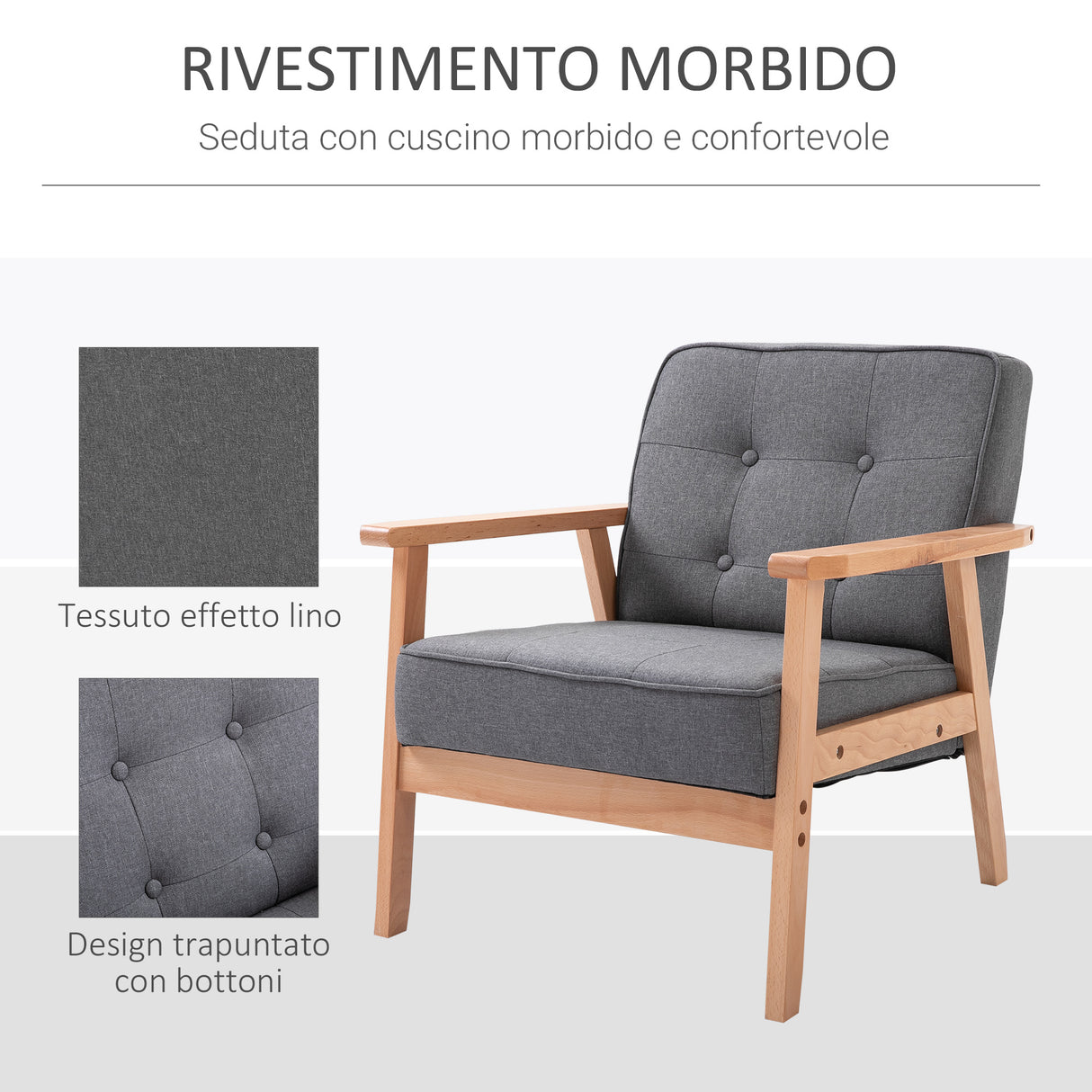 easycomfort easycomfort poltrona stile scandinavo imbottita e trapuntata a bottoni in tessuto e legno 64 5x70x74cm grigio ean 8055776913322