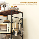 easycomfort easycomfort scaffale da cucina a 3 livelli stile industriale con ruote e 4 ganci struttura in acciaio 60x40x84 cm teak