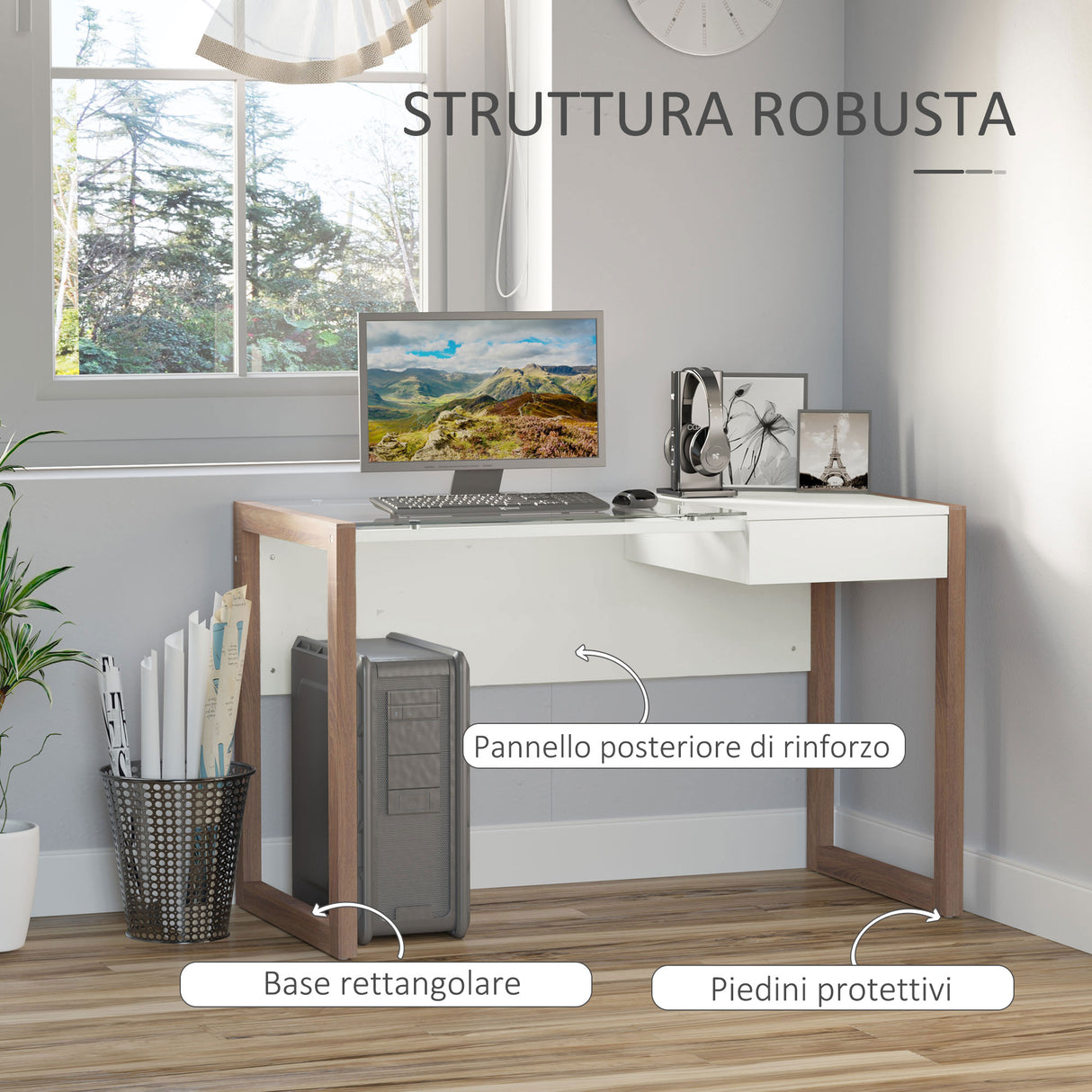 easycomfort easycomfort scrivania moderna di design in legno e vetro temperato con cassetto bianca e color legno per ufficio 120x60x75cm ean 8054144130002