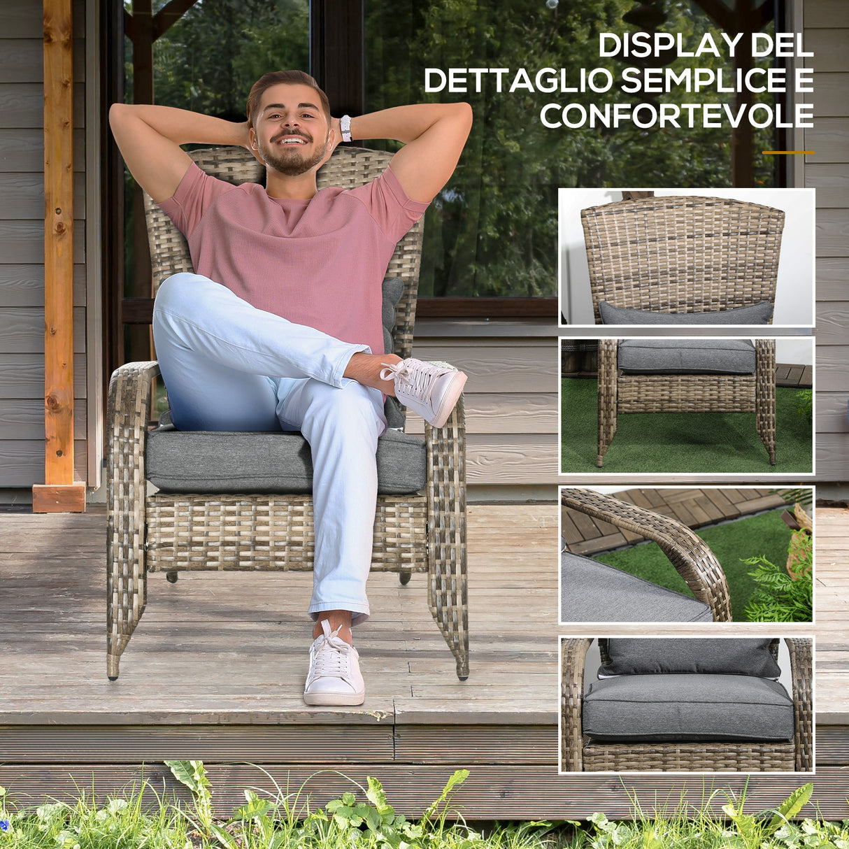 easycomfort easycomfort sedia da giardino adironrack con braccioli in rattan e acciaio 64x80x90 cm marrone e grigio