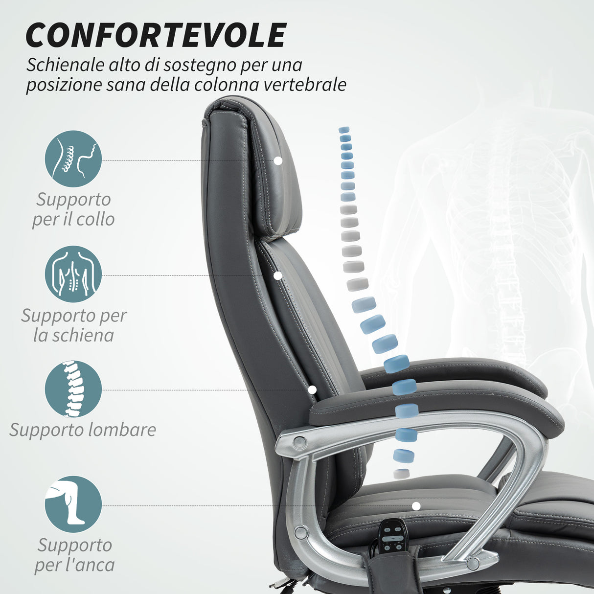 easycomfort easycomfort sedia da ufficio massaggiante a 6 punti e inclinabile in pelle pu e acciaio 66x72x113 121 cm grigio carbone