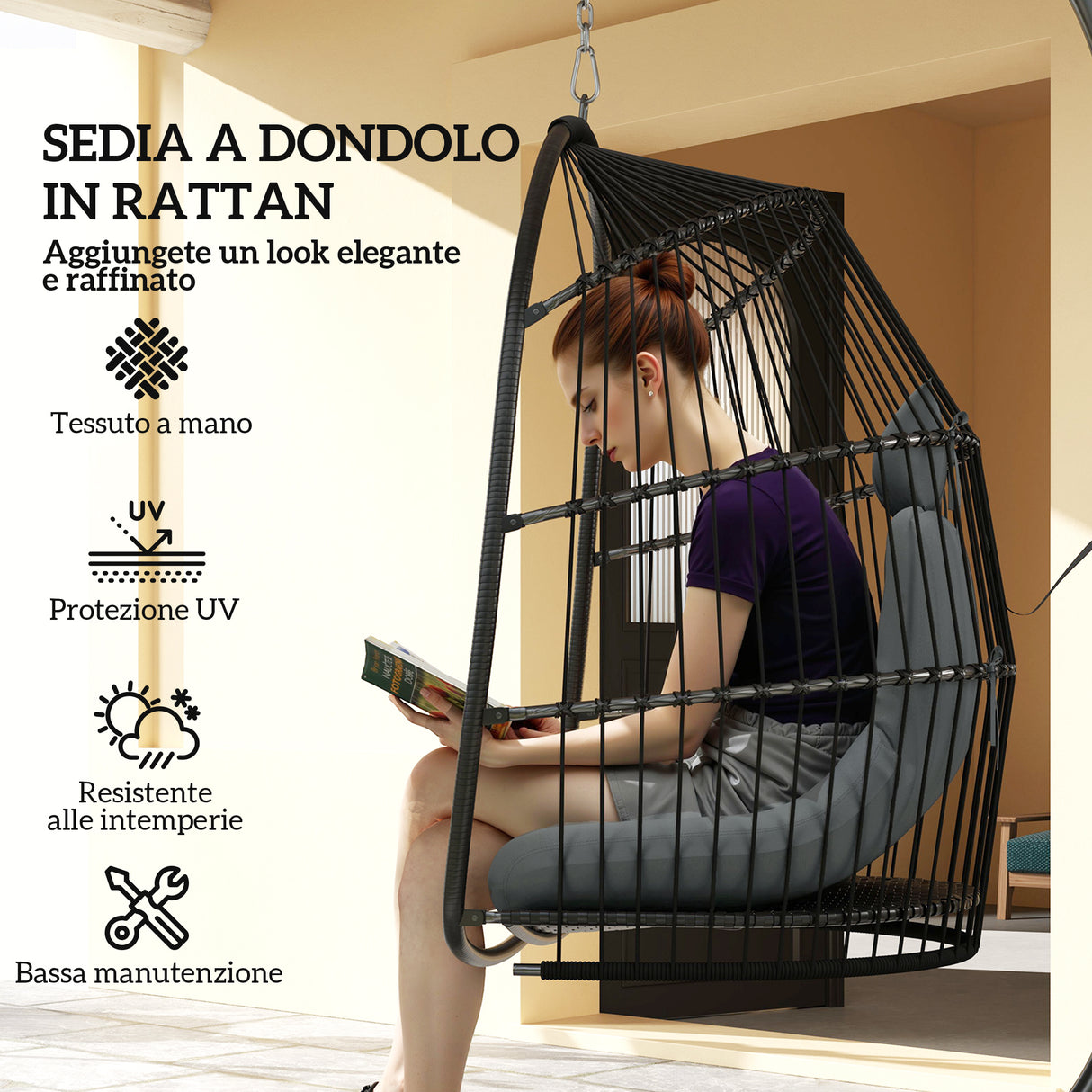easycomfort easycomfort sedia sospesa a dondolo pieghevole da interno ed esterno con cuscino e poggiatesta grigio scuro