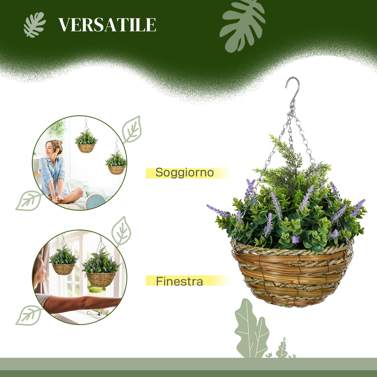 easycomfort easycomfort set 2 piante finte di lavanda con vaso e gancio in pe e vimini 25x34 cm verde e viola