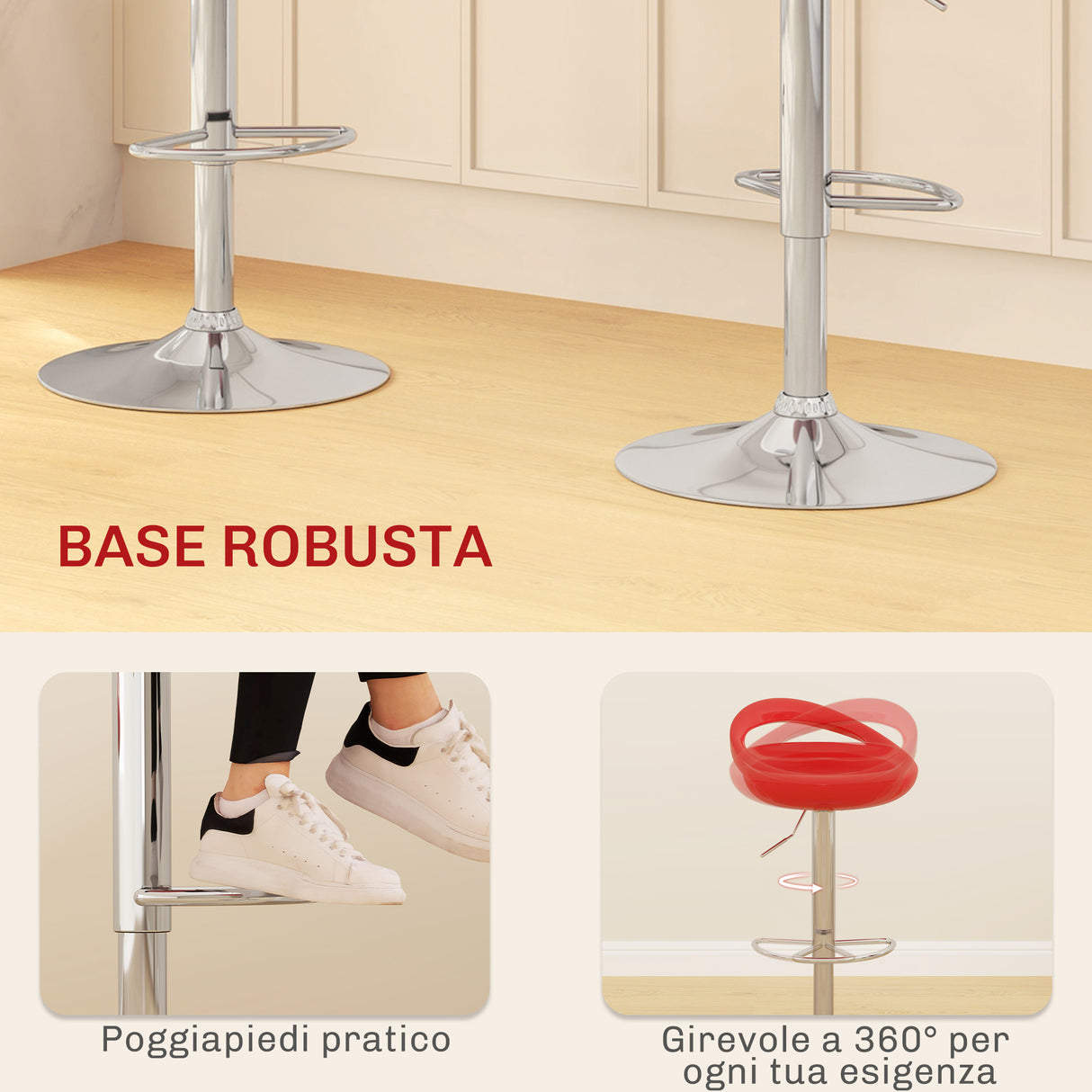 easycomfort easycomfort set 2 sgabelli da bar girevoli con poggiapiedi altezza regolabile base in acciaio seduta in abs rosso