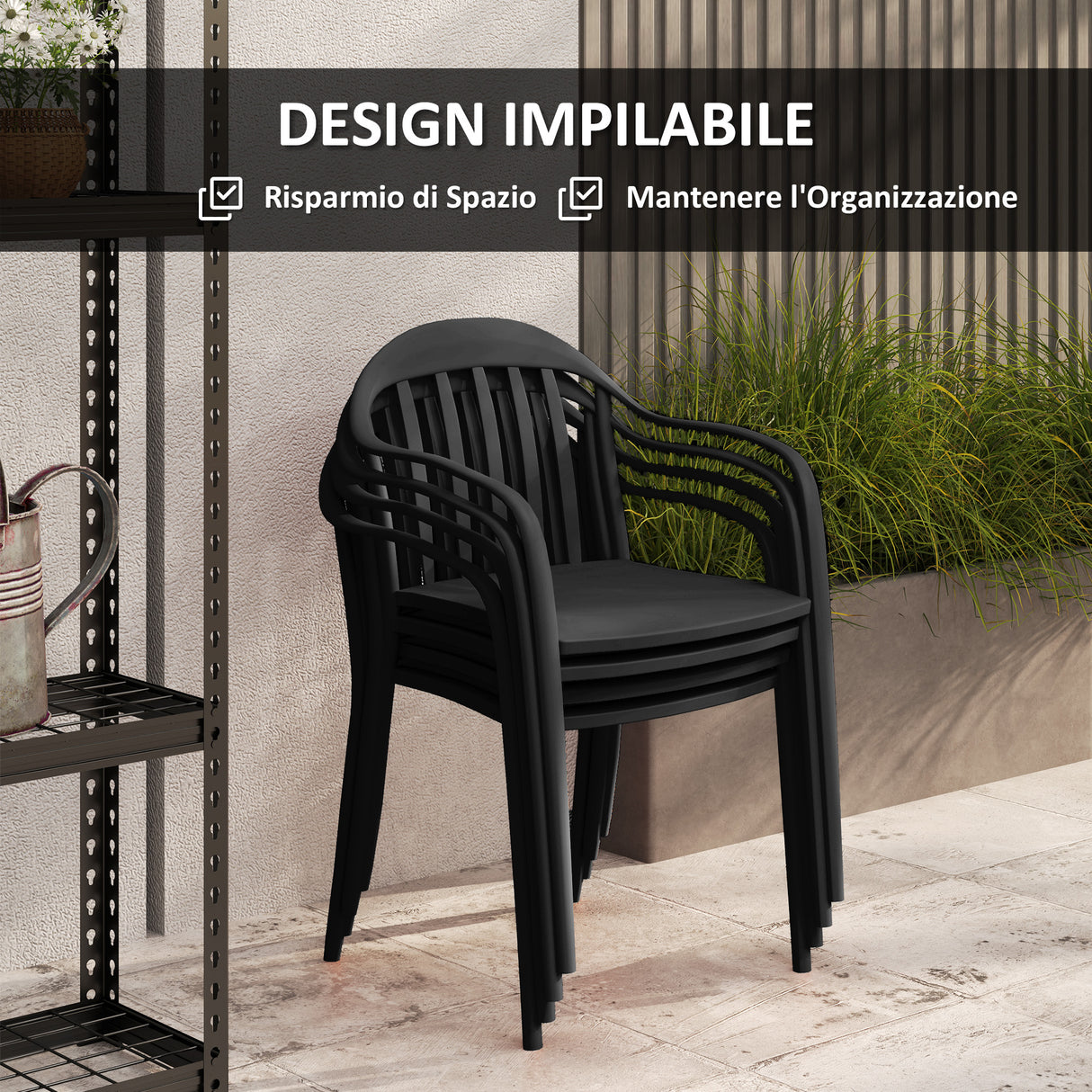 easycomfort easycomfort set 4 sedie da giardino impilabili in pp con schienale alto e braccioli 57x54x78 cm nero