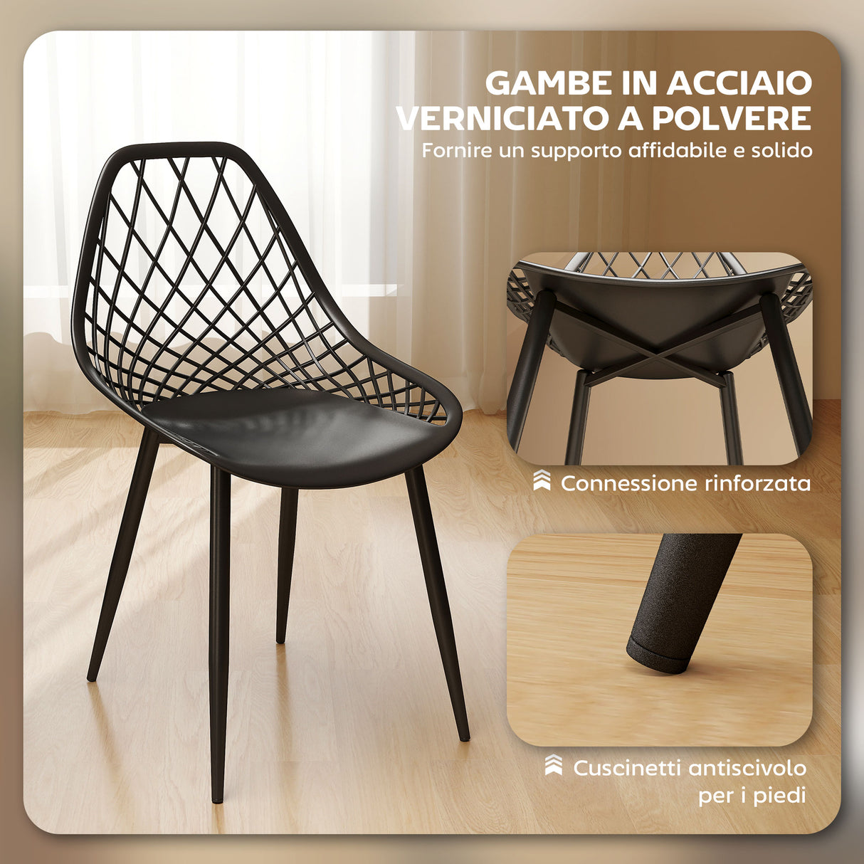 easycomfort easycomfort set 4 sedie da pranzo moderne con schienale traforato in plastica e gambe in metallo nero