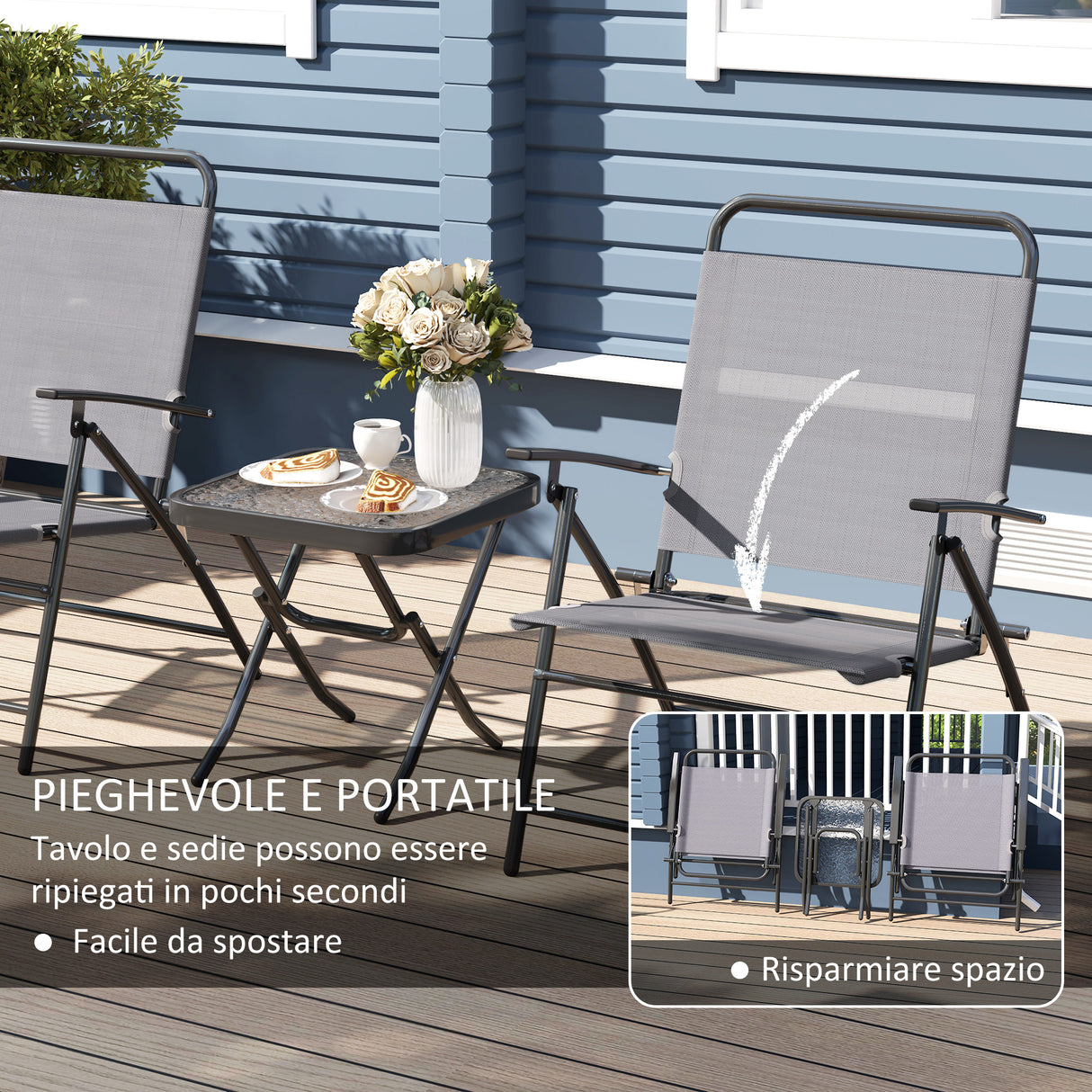 easycomfort easycomfort set da giardino con tavolo con piano in vetro e 2 sedie pieghevoli con schienale regolabile grigio