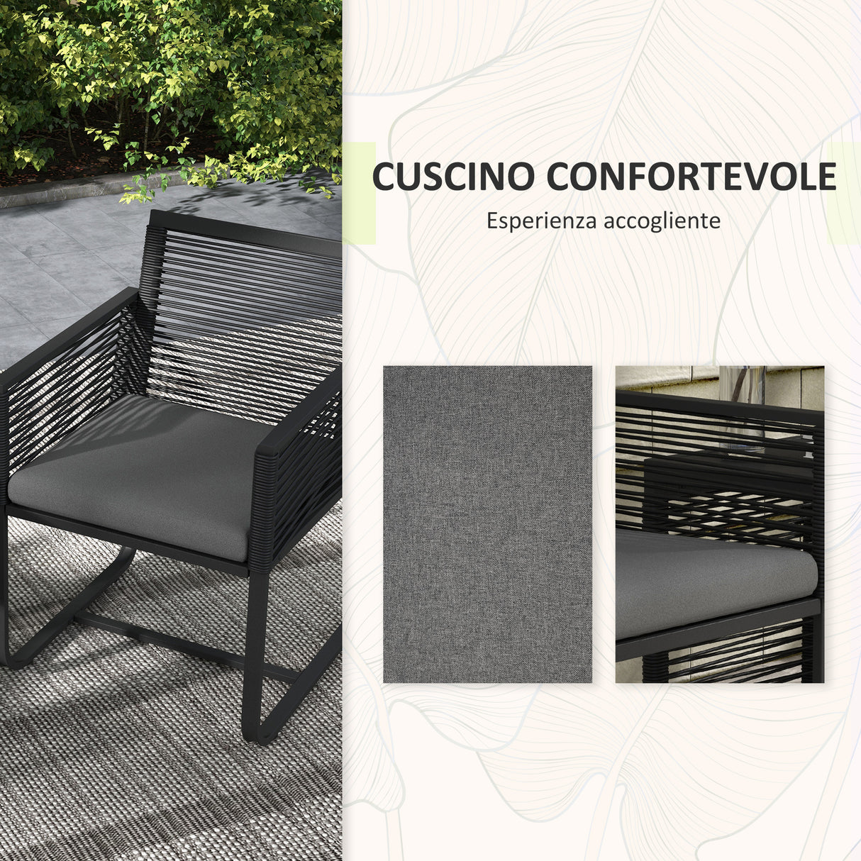 easycomfort easycomfort set da giardino in rattan con 2 poltroncine con cuscini e tavolino da caffe in vetro nero