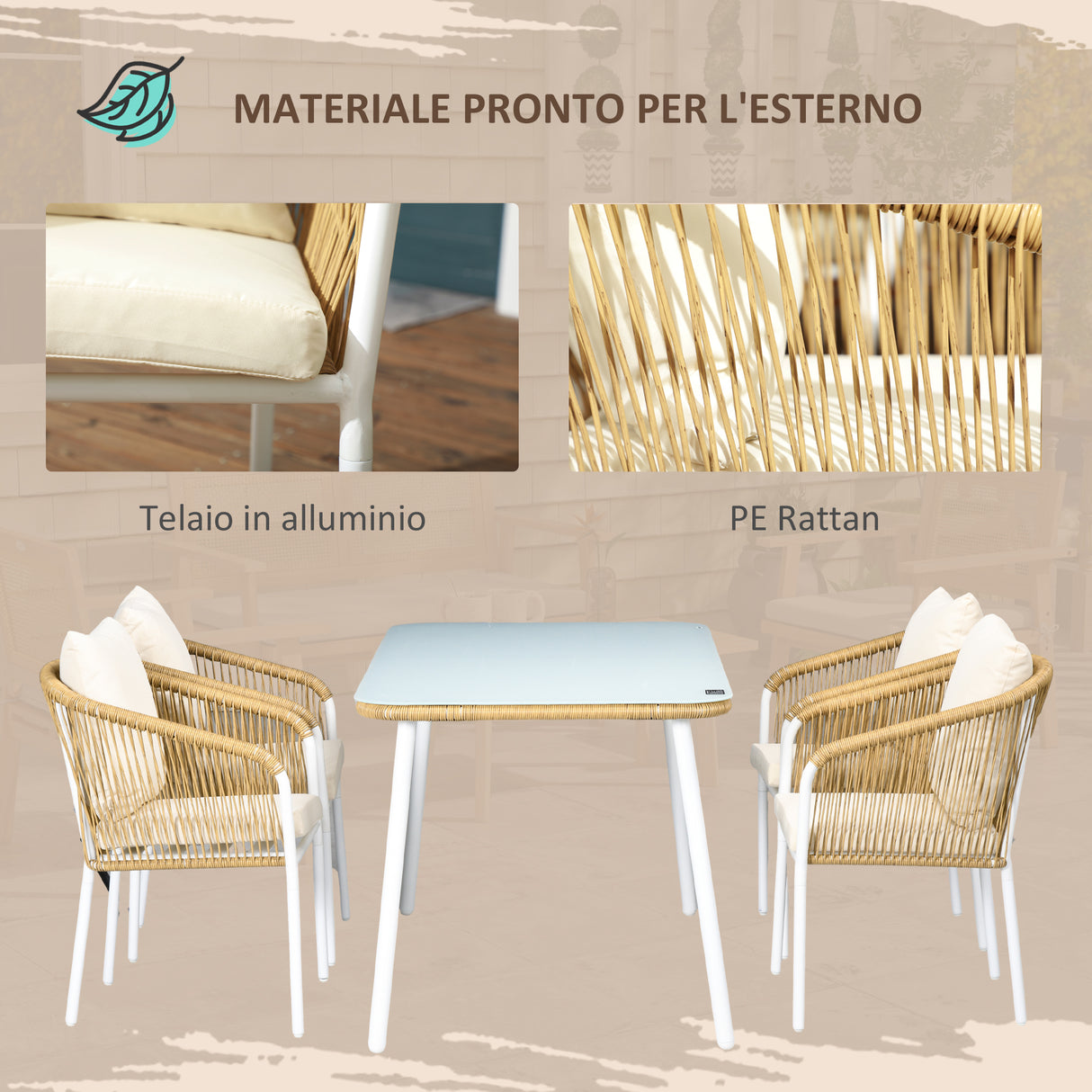easycomfort easycomfort set da giardino in rattan pe e alluminio con tavolo in vetro e 4 sedie impilabili giallo