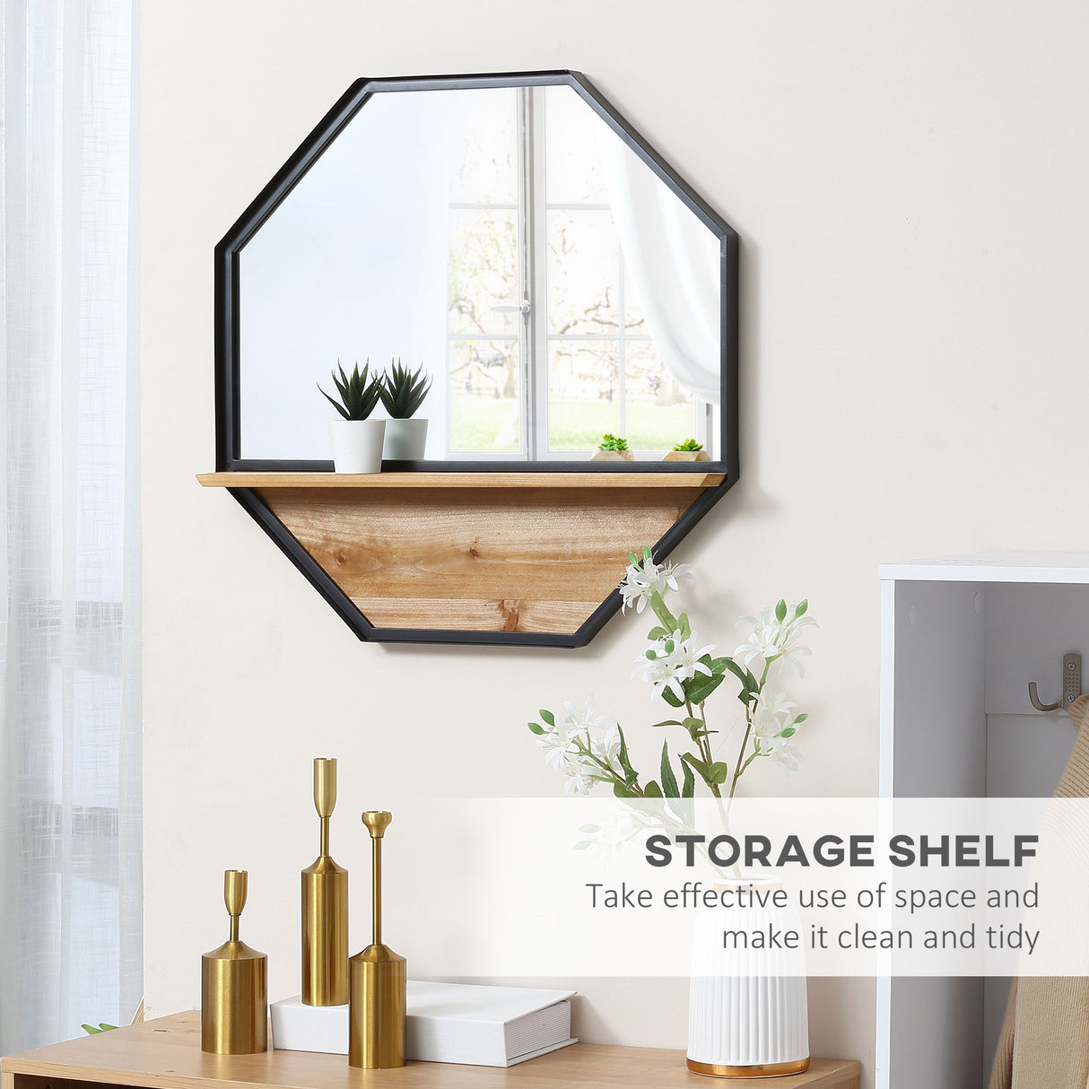 easycomfort easycomfort specchio da parete ottagonale in metallo con mensola in legno 61x61cm nero