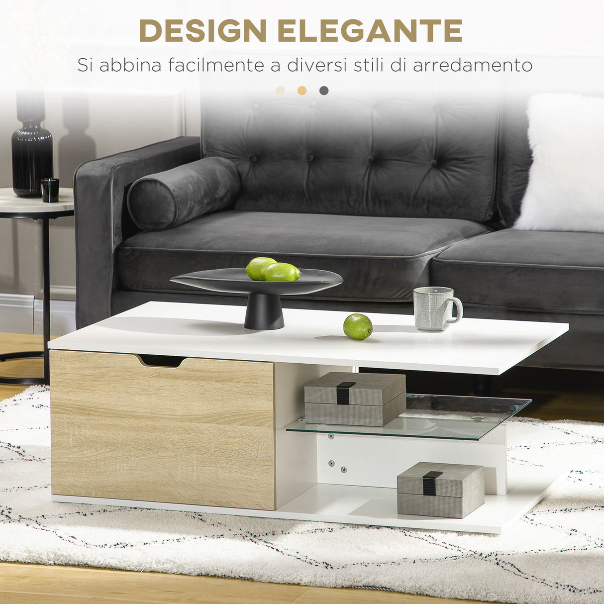 easycomfort easycomfort tavolino basso da caffe in truciolato con cassetti e ripiano in vetro per soggiorno e ingresso 106x58x39 cm bianco