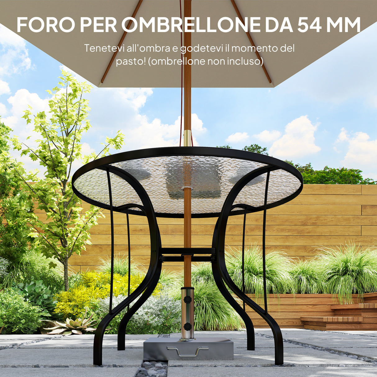easycomfort easycomfort tavolino da giardino rotondo con foro per ombrellone in metallo e vetro temperato 96 5x71 cm nero