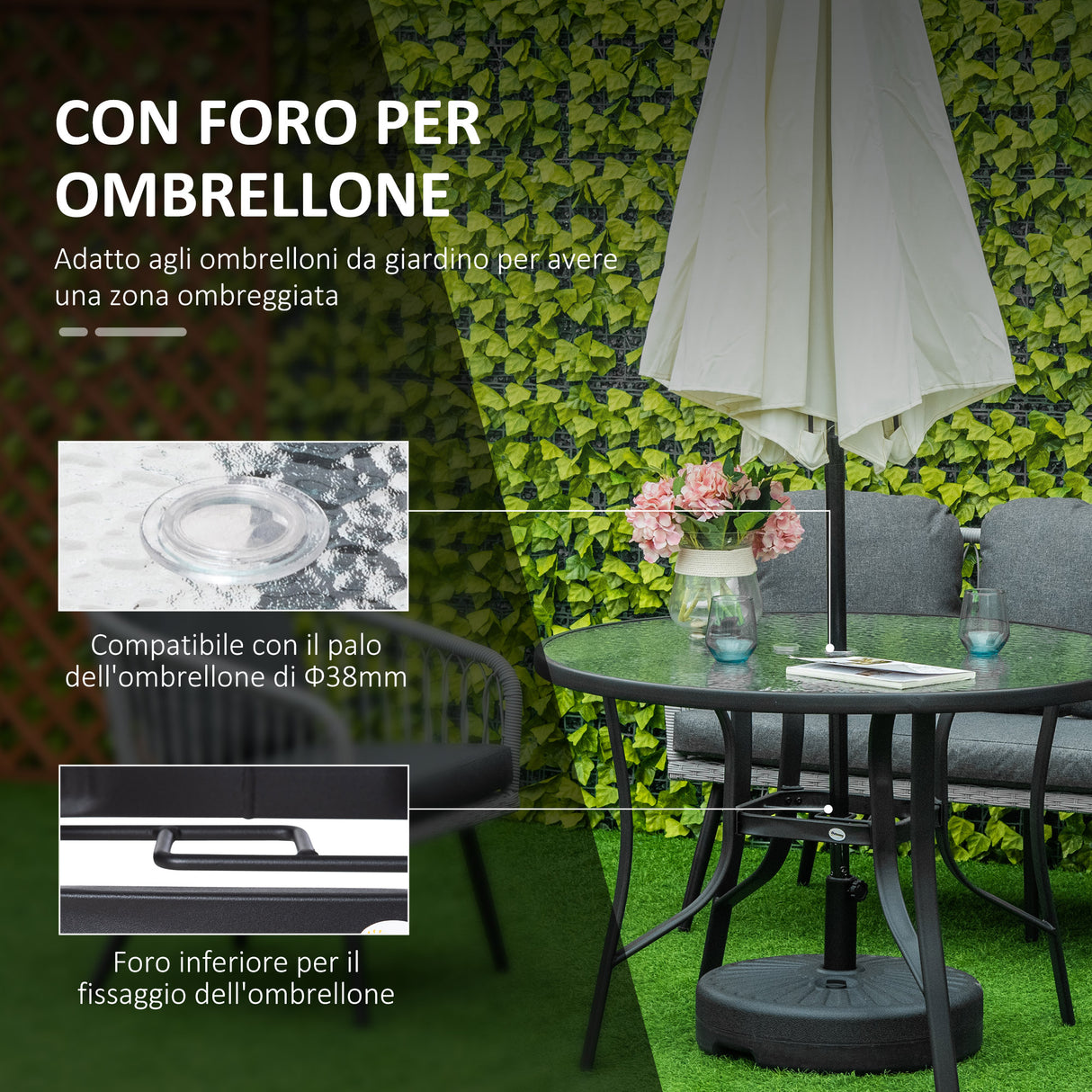 easycomfort easycomfort tavolo da giardino rotondo con foro per ombrellone in acciaio e vetro 106 5x71cm nero