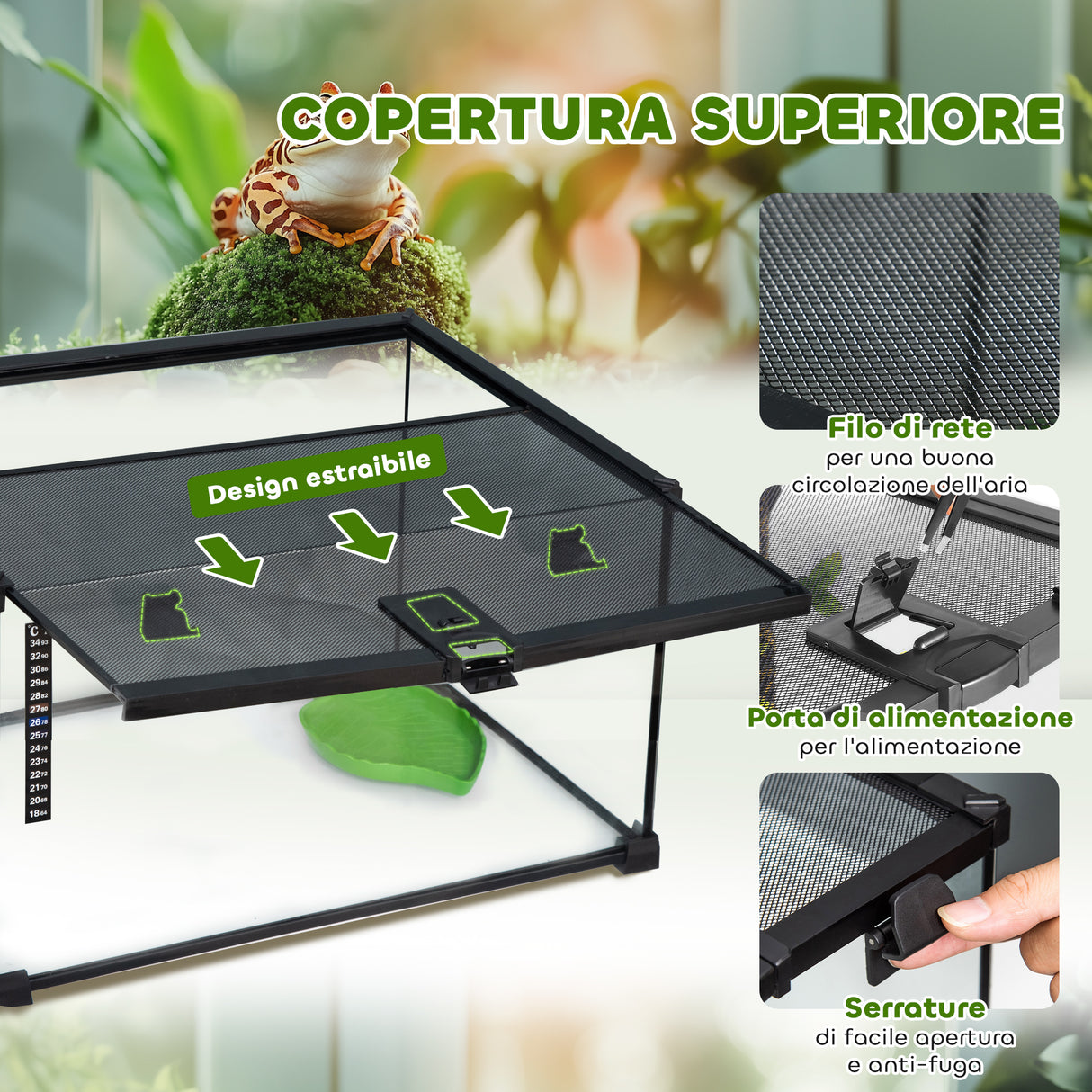 easycomfort easycomfort terrario per rettili rialzato con serratura e termometro in vetro e rete metallica 50x30x25 cm nero