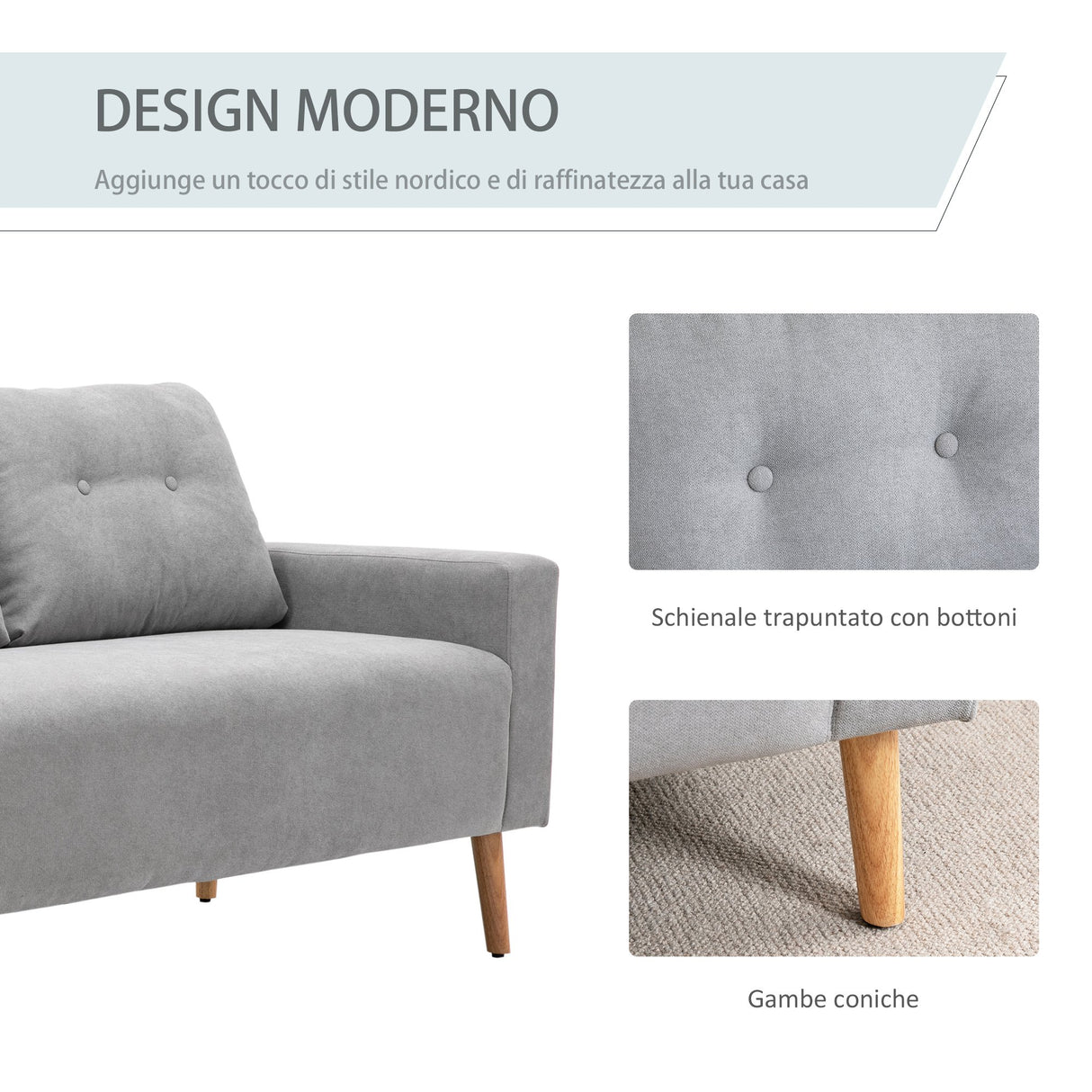 easycomfort easycomfort divano 2 posti moderno in stile nordico con schienale trapuntato in poliestere e legno 145x76x88 cm grigio chiaro ean 8054144135021