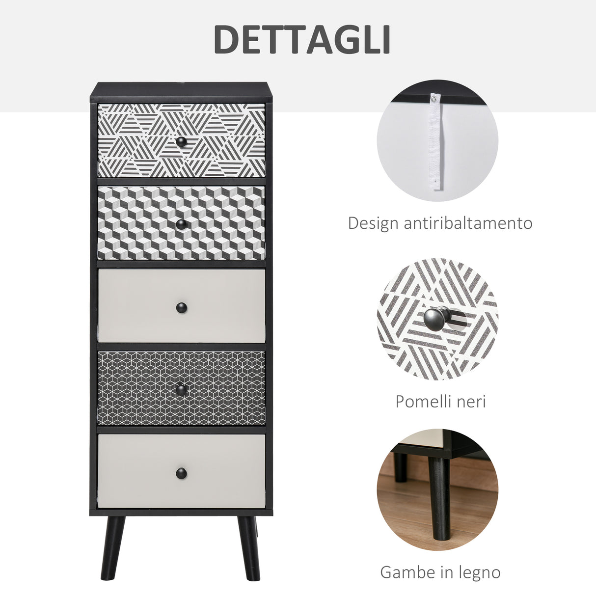 easycomfort easycomfort mobile cassettiera 5 cassetti fantasia geometrica arredamento moderno camera e ingresso 40x40x111 5cm nero grigio