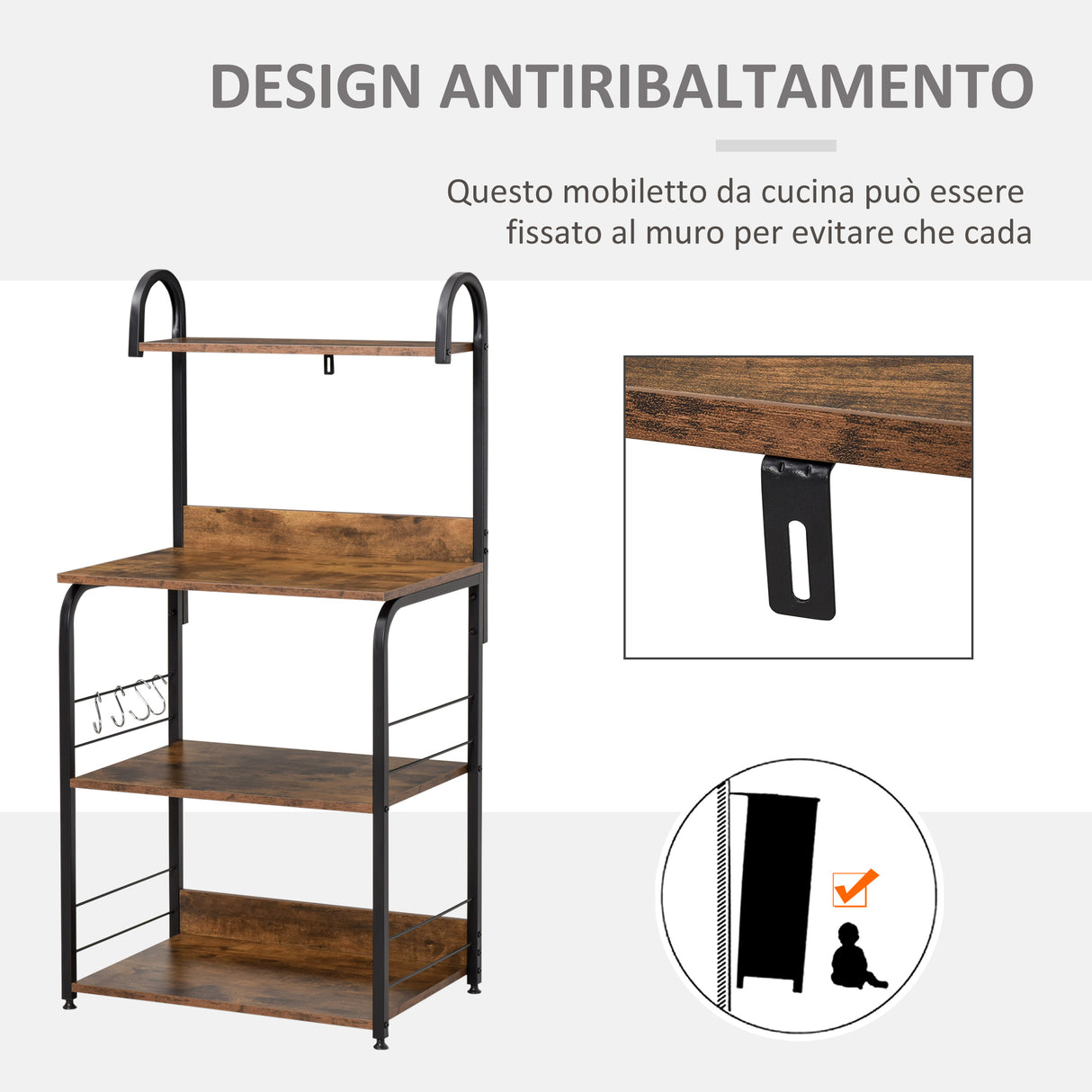 easycomfort easycomfort mobiletto per microonde a 4 ripiani e 4 ganci mobile cucina in acciaio e legno 60x40x125cm marrone rustico