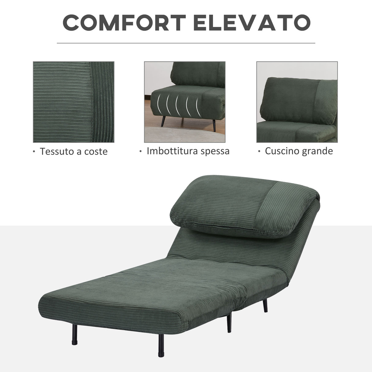 easycomfort easycomfort poltrona letto 2 in 1 singola schienale regolabile su 3 livelli e imbottito struttura in legno e acciaio