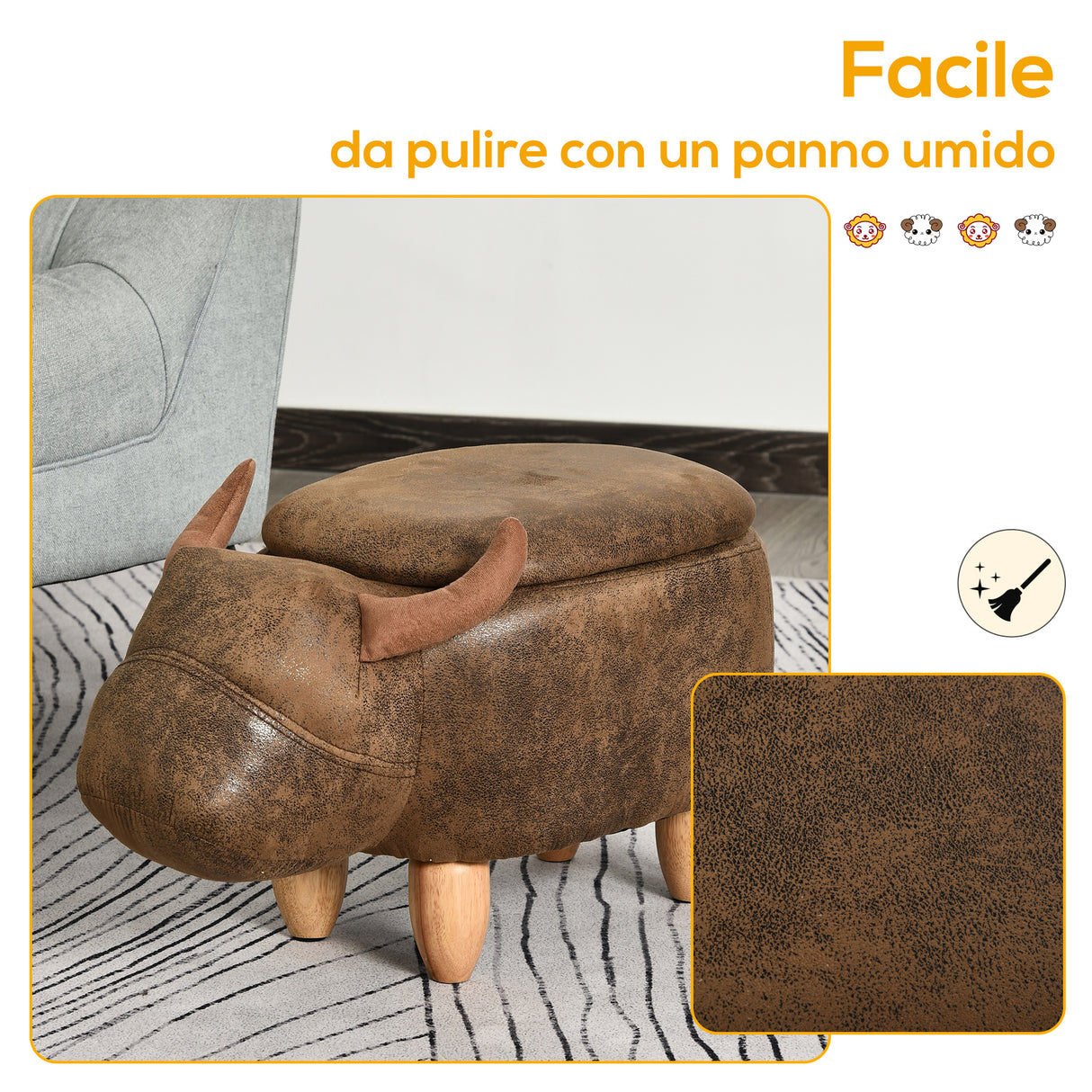 easycomfort easycomfort pouf contenitore a forma di bufalo pouf moderno da salotto sgabello poggiapiedi struttura in legno seduta imbottita 62x35x36cm marrone