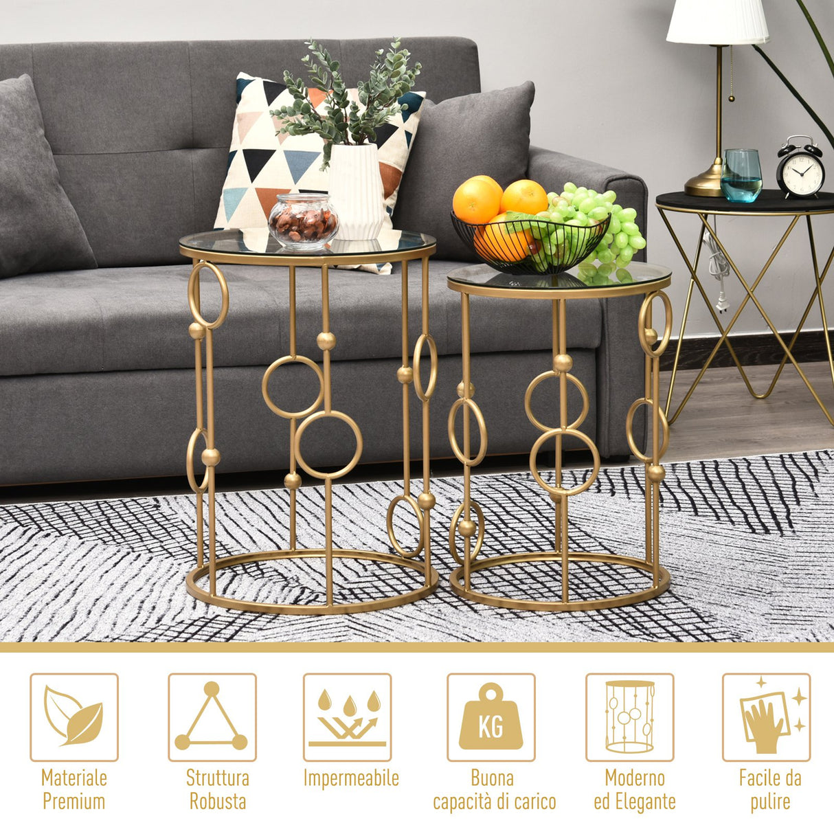 easycomfort easycomfort set 2 pezzi tavolini da caffe design elegante con motivi a cerchio metallo e vetro temperato 41x57cm 36x51cm oro ean 8055776910697