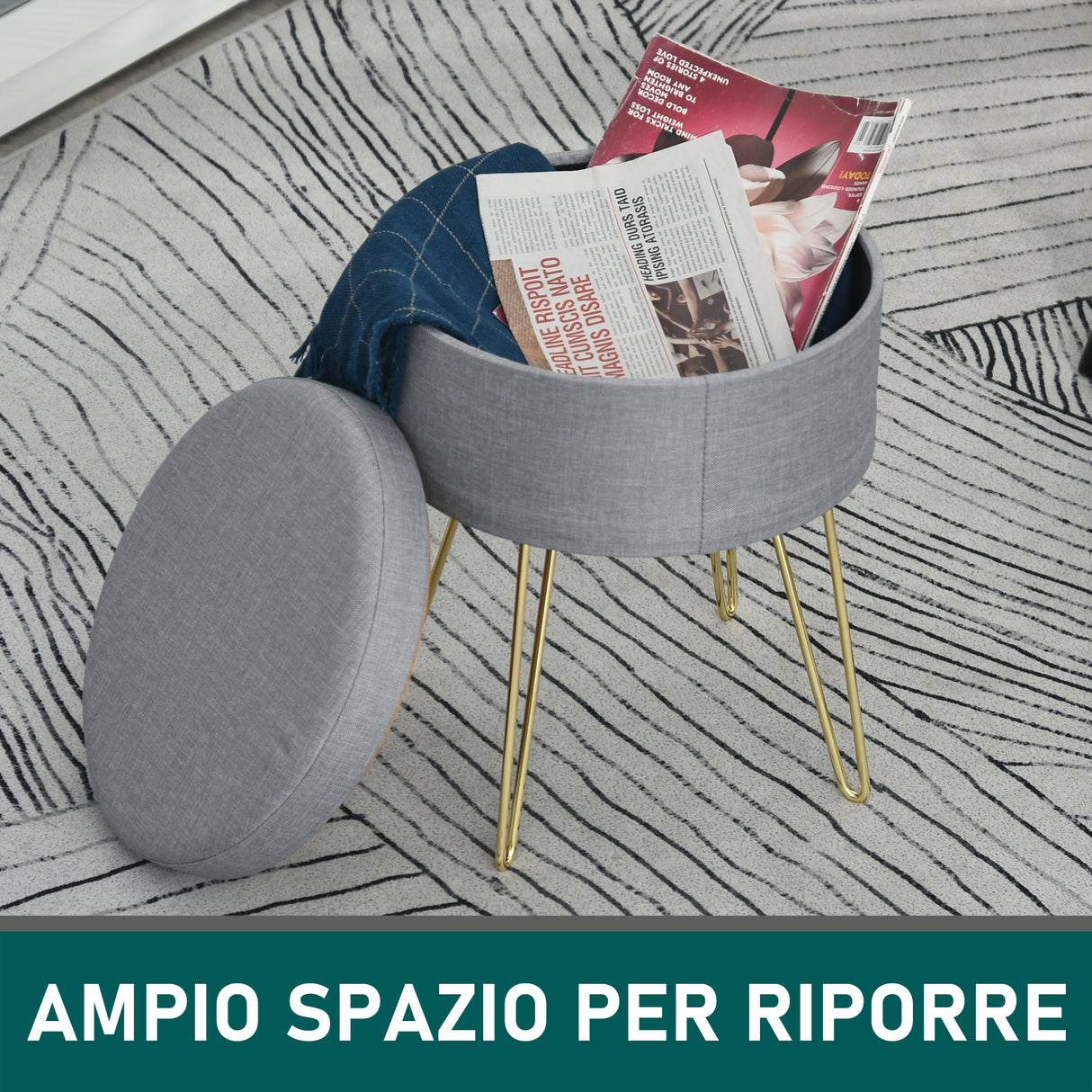easycomfort easycomfort sgabello rotondo con vano contenitore in tessuto grigio e oro 36x36x45cm