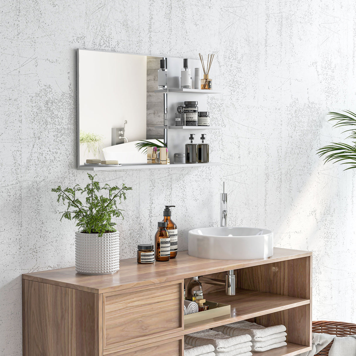 easycomfort easycomfort specchio da bagno a parete con 2 ripiani laterali e ripiano inferiore in mdf e vetro 75x10x48 cm bianco
