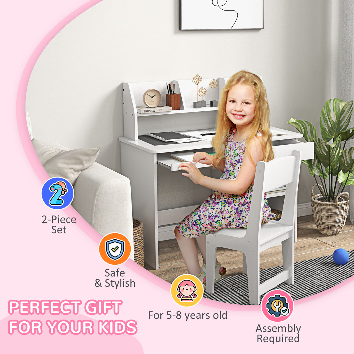 easycomfort easycomfortzonekiz banco scuola e sedia per bambini da 5 8 anni con scaffale e mensola estraibile in legno bianco