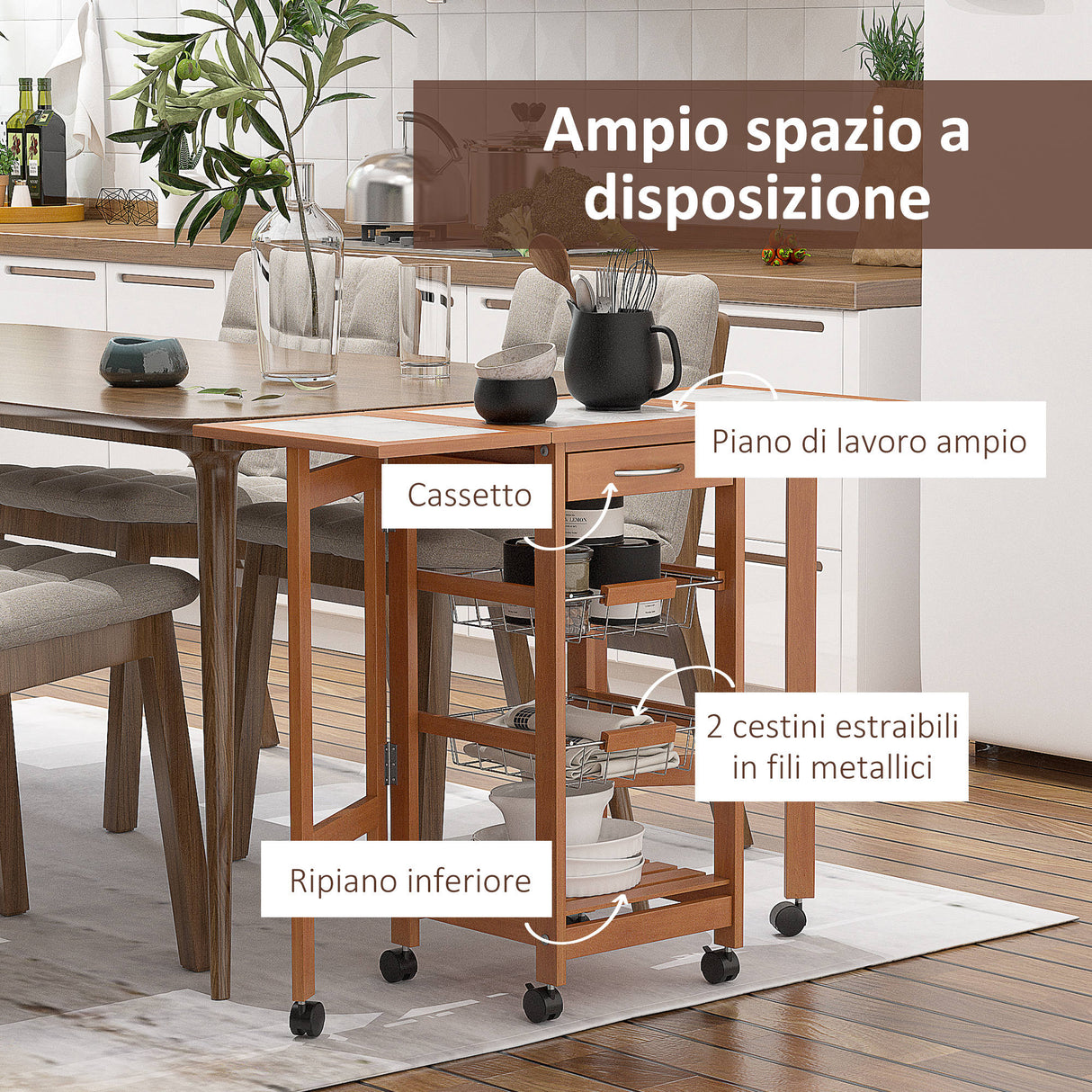 easycomfort easycomfort carrello da cucina con piano in mattonella servizio ausiliare legno metallo cromato 6 ruote cassetto ean 8054144131139