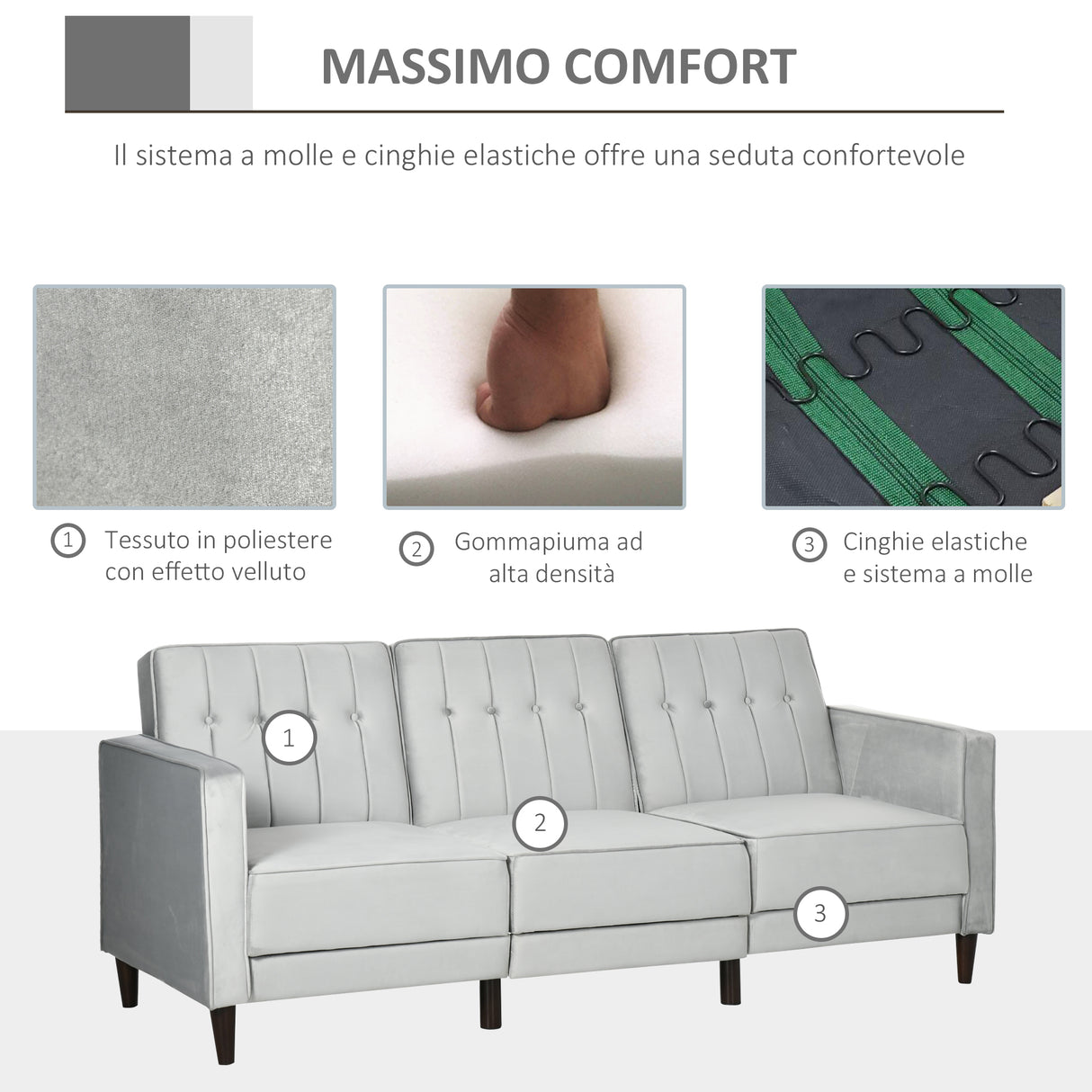 easycomfort easycomfort divano letto 3 posti con poggiapiedi e schienale reclinabile rivestimento velluto e seduta imbottita 218x85x86 cm grigio chiaro