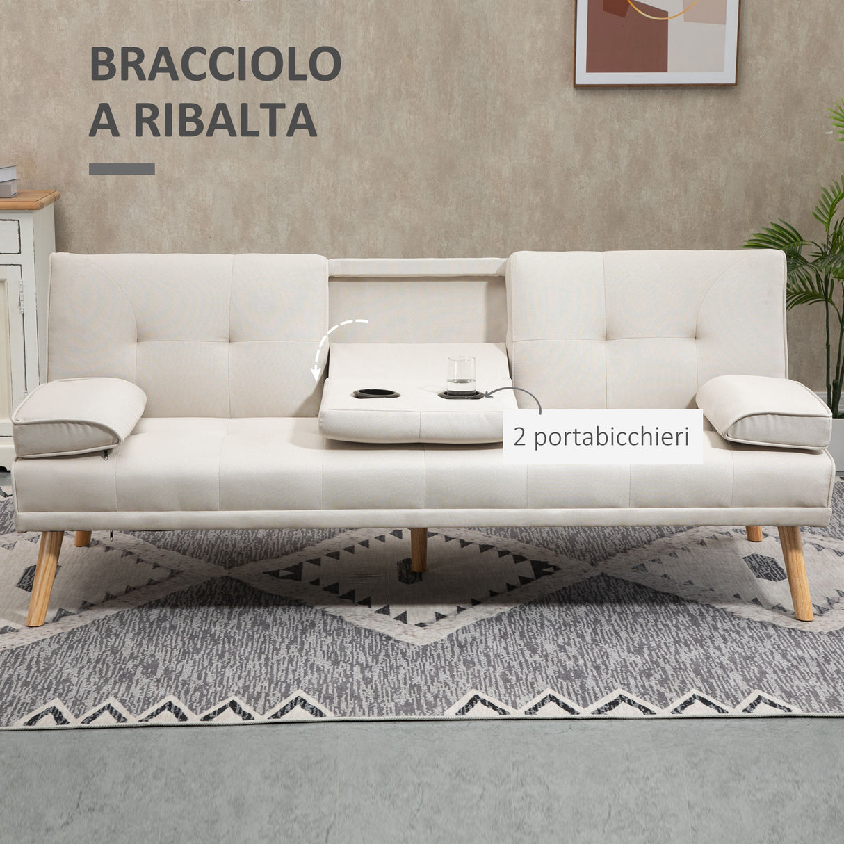 easycomfort easycomfort divano letto 3 posti reclinabile con rivestimento effetto lino e tavolino a ribalta beige