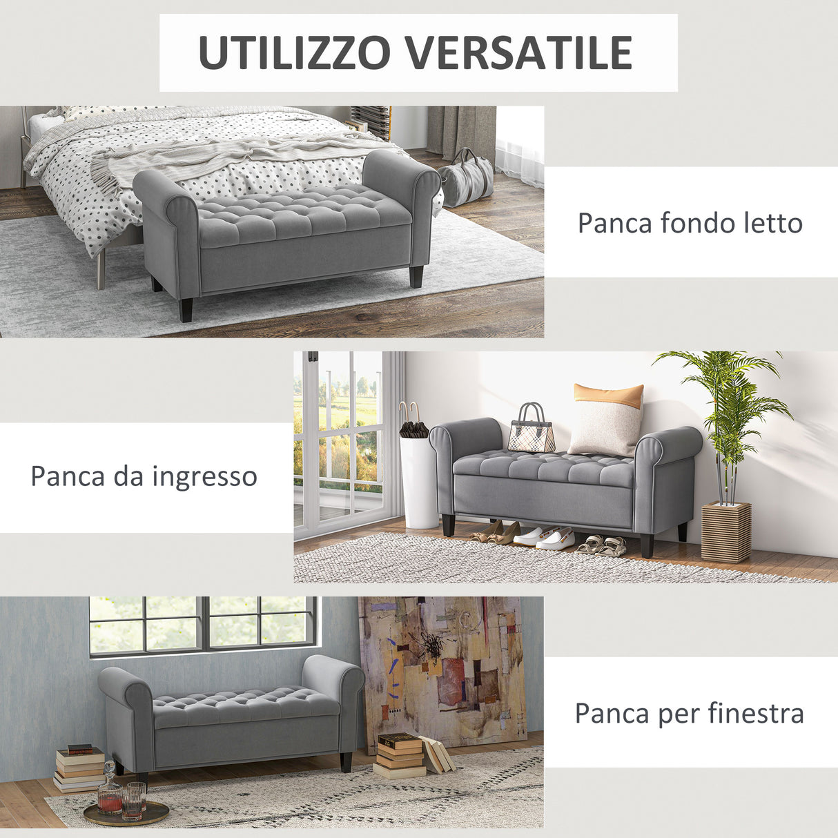 easycomfort easycomfort panca fondo letto in tessuto vellutato con spazio portaoggetti e braccioli 126x48 5x57 cm grigio