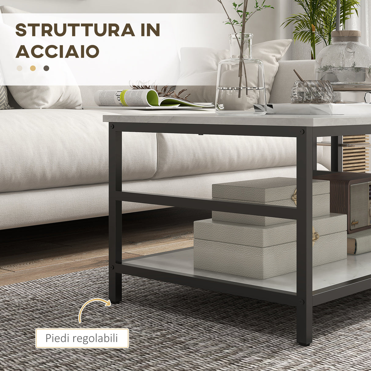 easycomfort easycomfort set 2 tavolini da caffe a 2 livelli in truciolato e acciaio con piano dappoggio effetto marmo bianco e nero