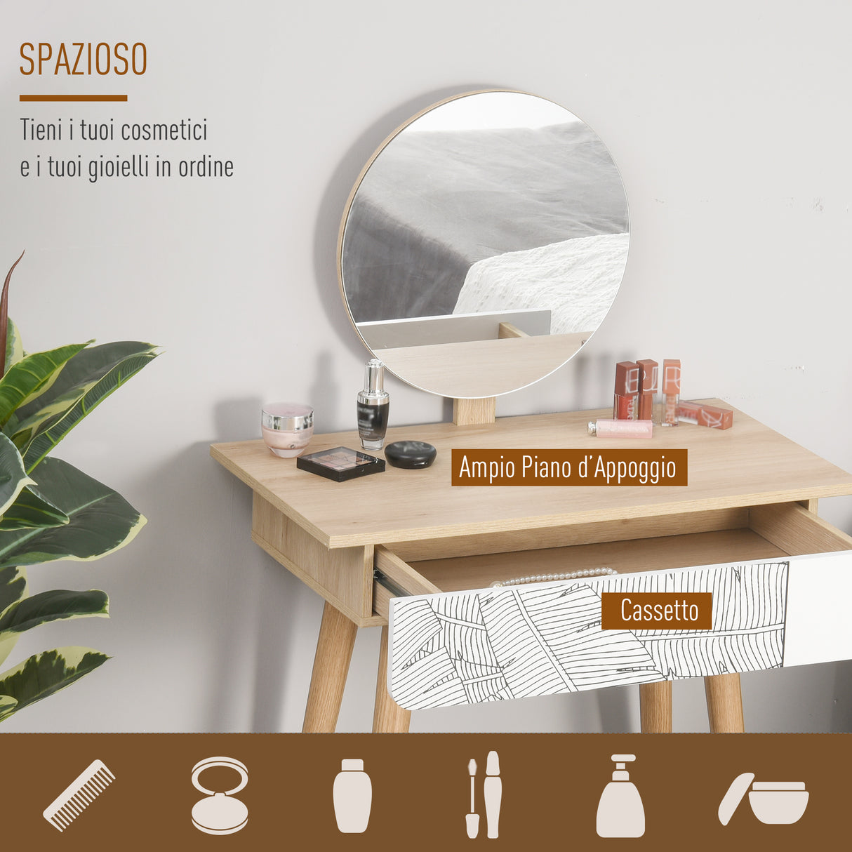 easycomfort easycomfort toeletta tavolo da trucco con specchio circolare 39cm consolle trucco con cassetto con decorazione jungle bianco e rovere 70x39x119 128cm ean 8054144134673