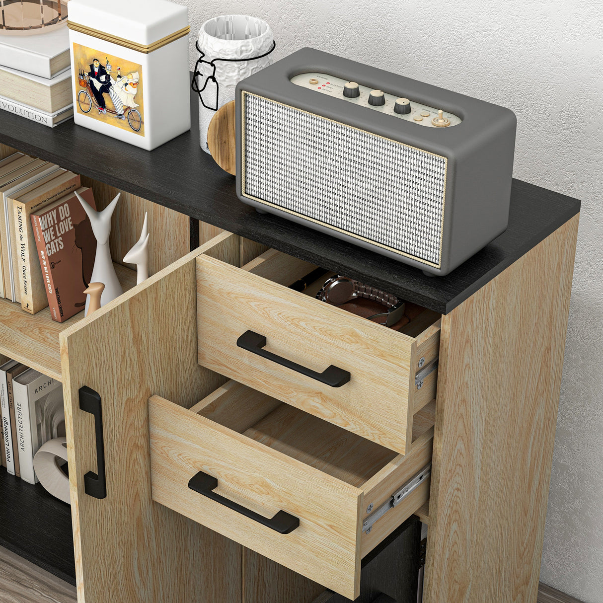easycomfort easycomfort credenza moderna con 2 armadietti e 2 cassetti in legno 90x30x75 5cm noce e nero