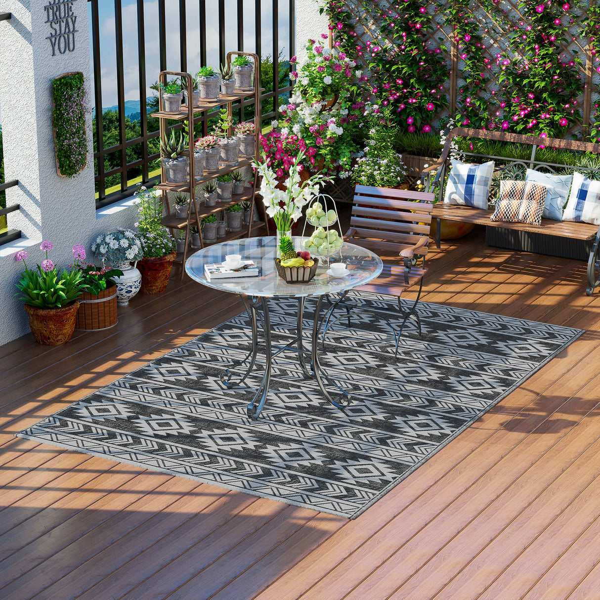 easycomfort easycomfort tappeto moderno per esterni nero e grigio in pp con design reversibile e pieghevole 182x274 cm