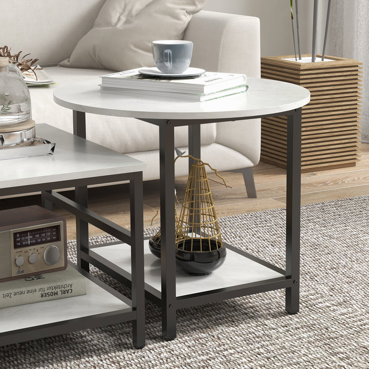 easycomfort easycomfort set 2 tavolini da caffe a 2 livelli in truciolato e acciaio con piano dappoggio effetto marmo bianco e nero