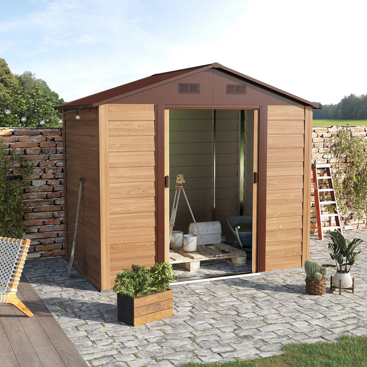 immagine-2-easycomfort-easycomfort-casetta-da-giardino-porta-attrezzi-in-acciaio-con-porte-scorrevoli-e-prese-daria-196x236x208cm-marrone