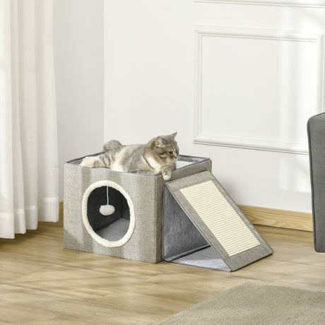 immagine-2-easycomfort-easycomfort-cuccia-per-gatti-pieghevole-e-portatile-casetta-per-gatti-con-pannello-tiragraffi-2-cuscini-e-pallina-in-peluche-e-tessuto-grigio